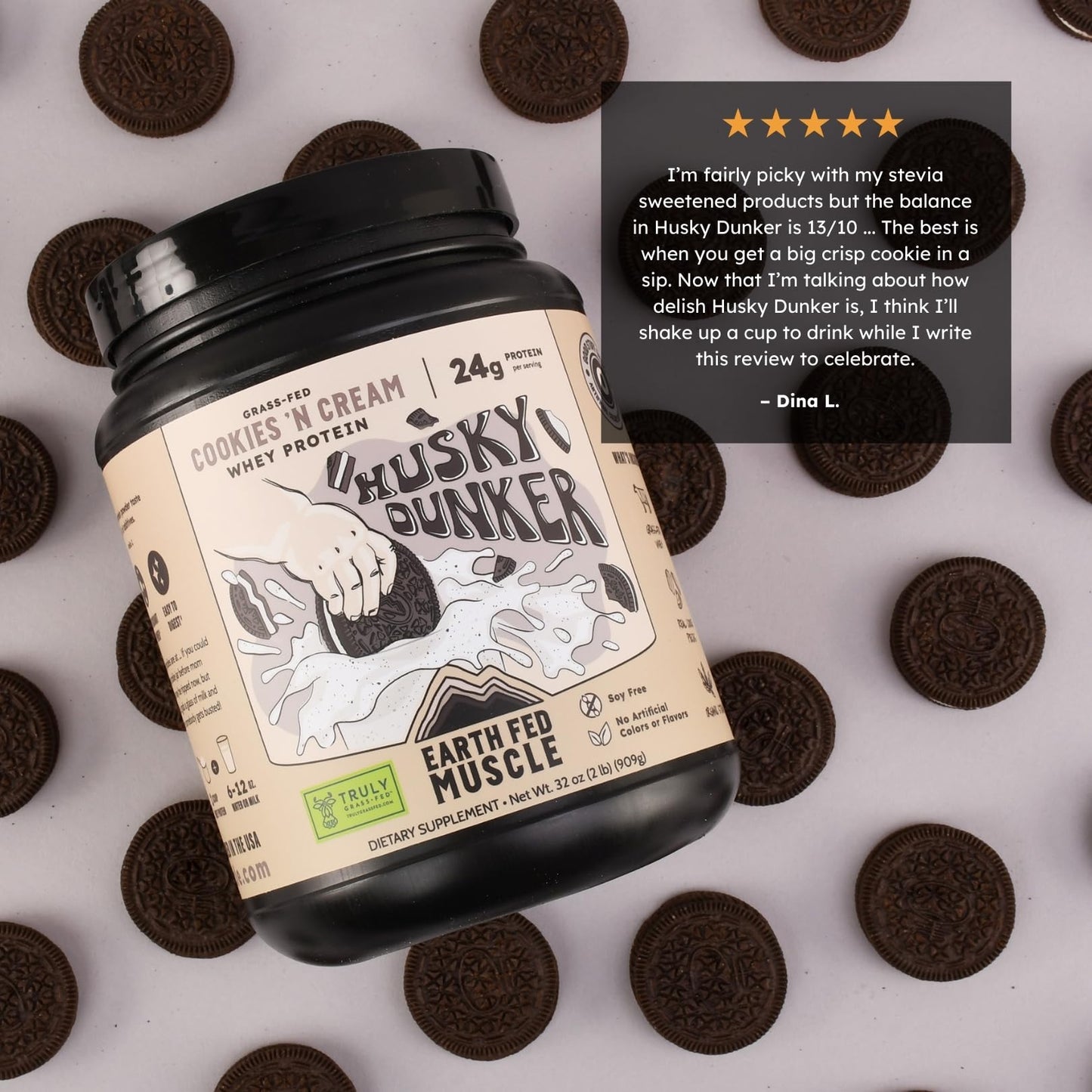 Earth Fed Muscle Husky Dunker Cookies 'n Cream Irish Grass Fed Whey Protein Isolate Powder, 32 Servings