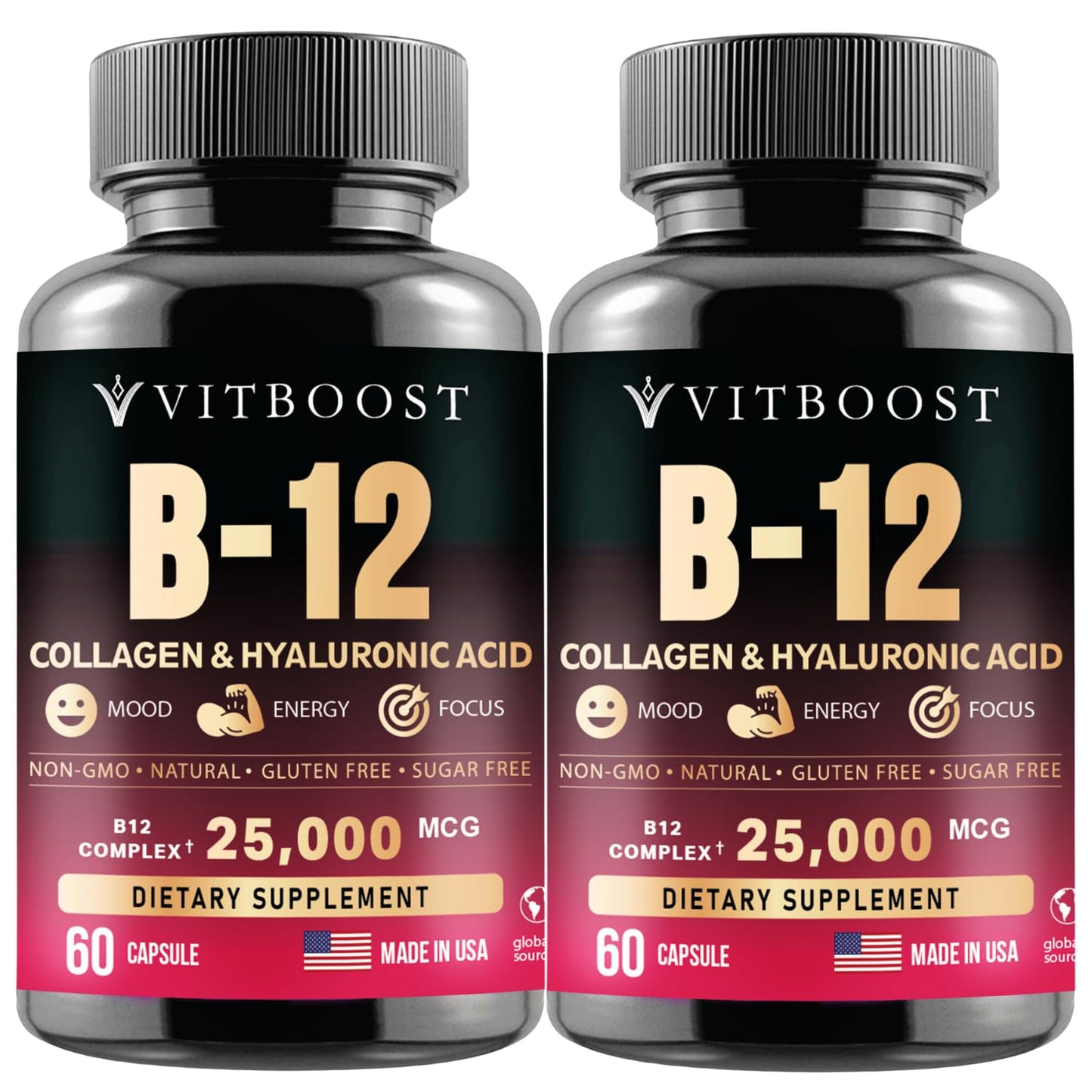 VITBOOST B12 Methylcobalamin with Hyaluronic Acid, Collagen, and Folate – 25000 mcg Supplement Enhance Absorption & Boost Energy, 120 Capsules