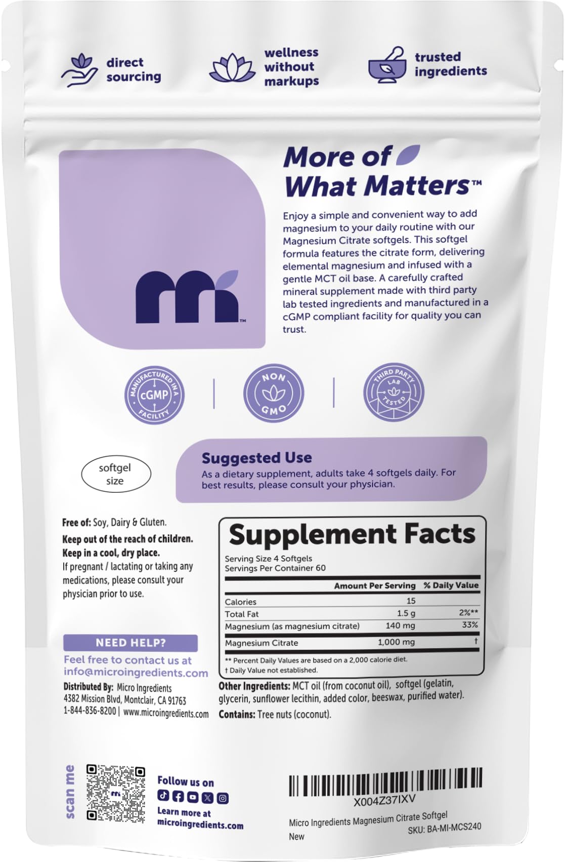 Micro Ingredients Magnesium Citrate 1,000 mg Per Serving Softgels 240