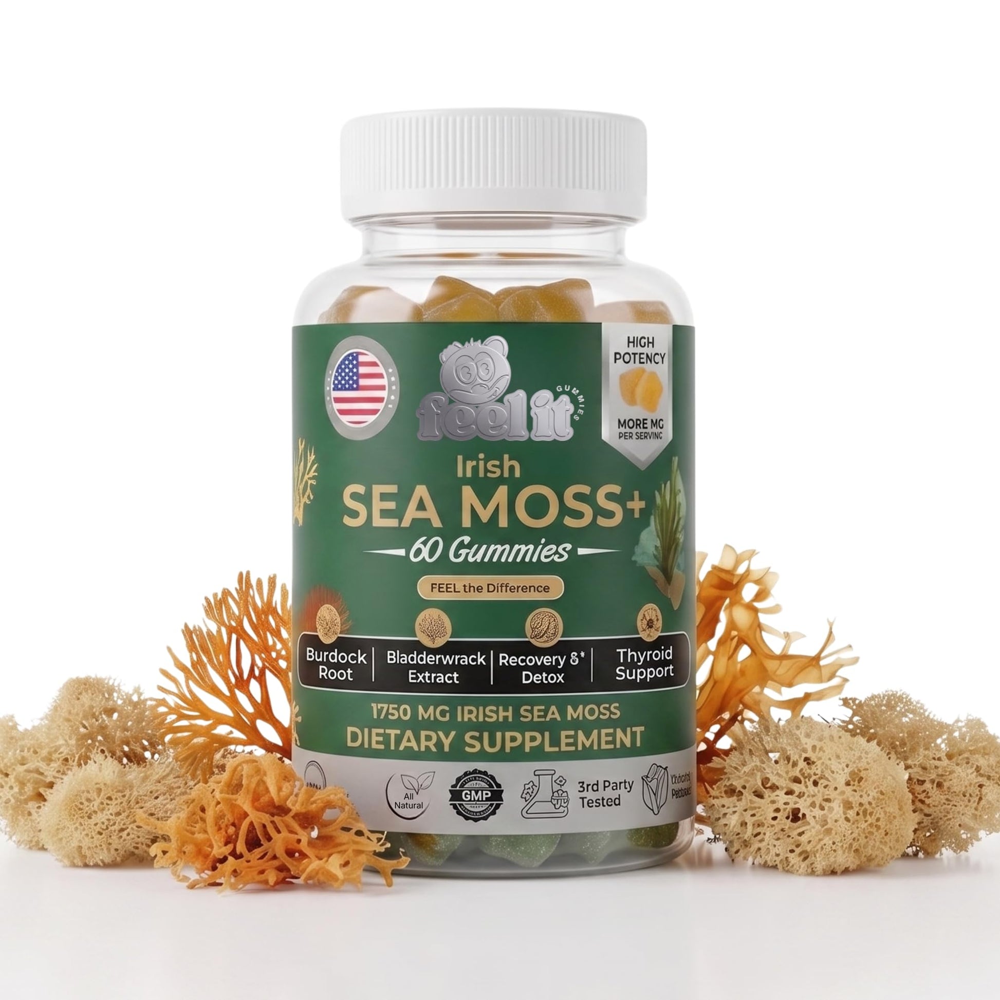 feel it GUMMIES High Potency Irish Sea Moss Gummies – 1750mg Raw Wildcrafted Irish Sea Moss with Bladderwrack & Burdock Root – Thyroid, Immune, Detox & Energy, 60 Gummies