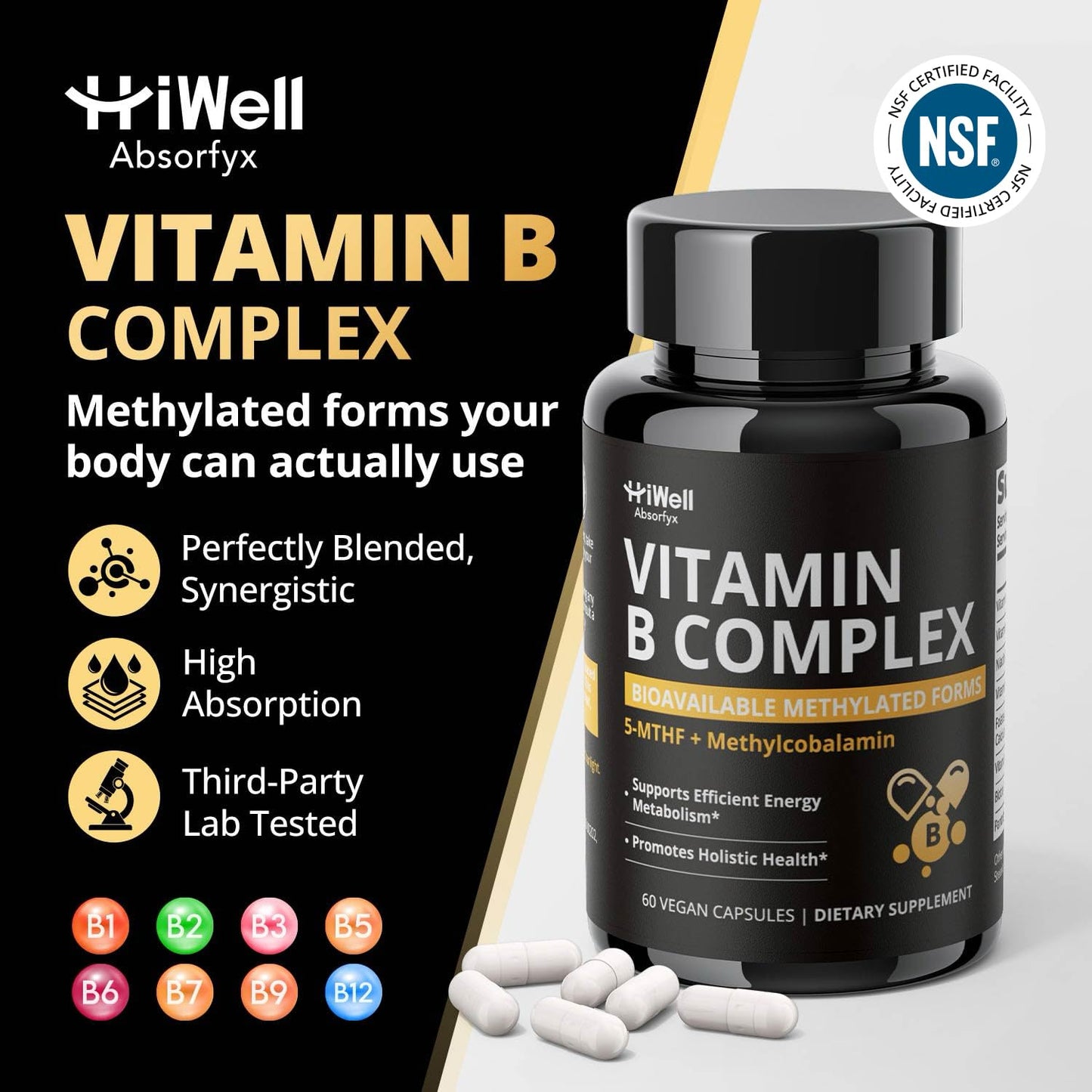 HiWell Absorfyx Methylated Vitamin B Complex with Methylfolate & Methyl B12 60 Capsules