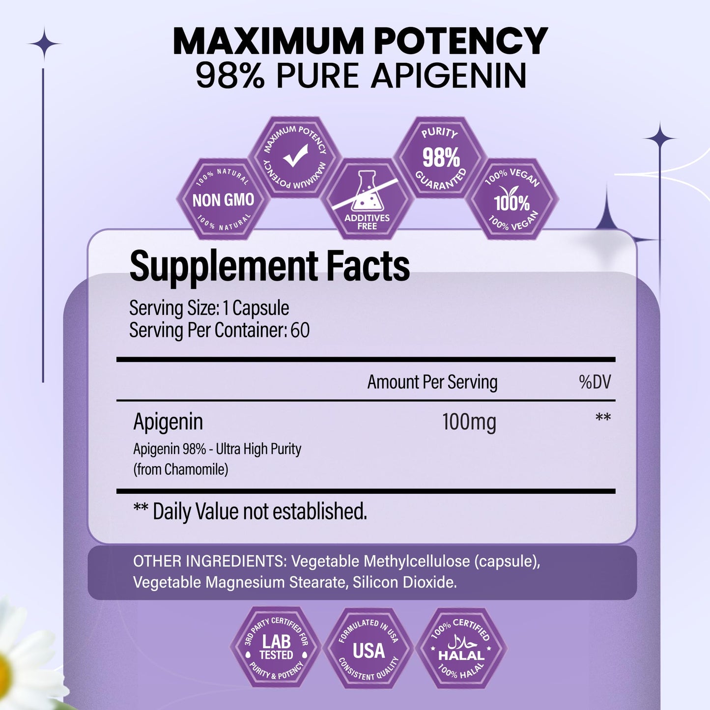 BOSCENT Apigenin Supplement 100mg Capsules, 60 Count