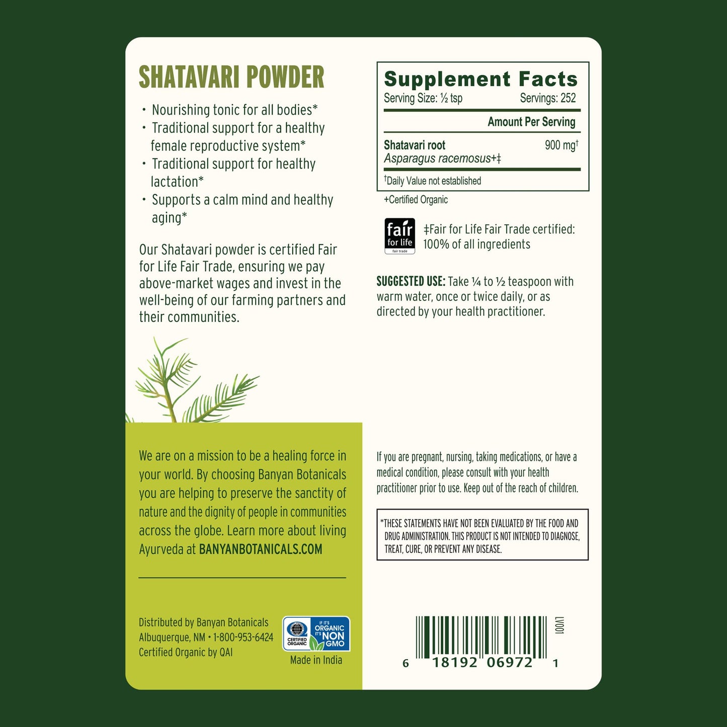 Banyan Botanicals Organic Shatavari Powder 8 oz