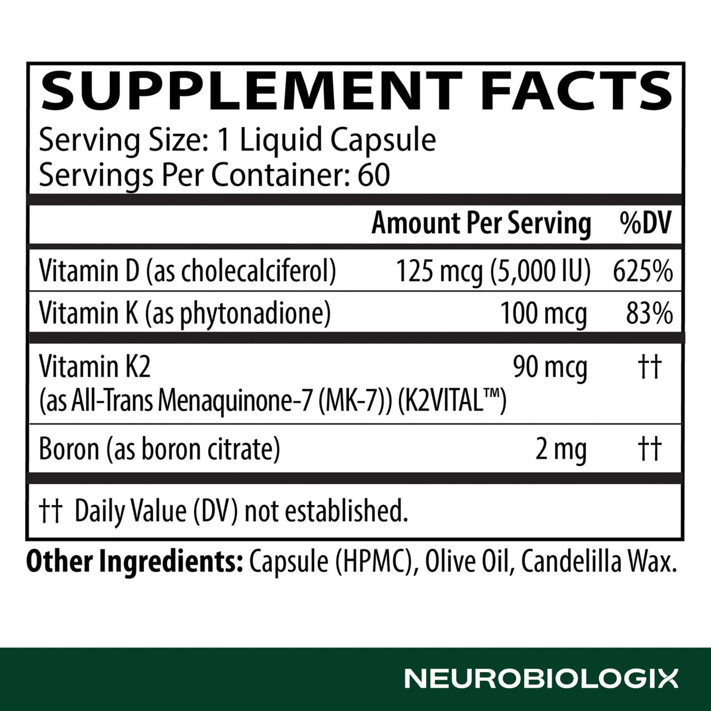 Neurobiologix Vitamin D3 5000 IU with K1 & K2 Capsule, 1 Count