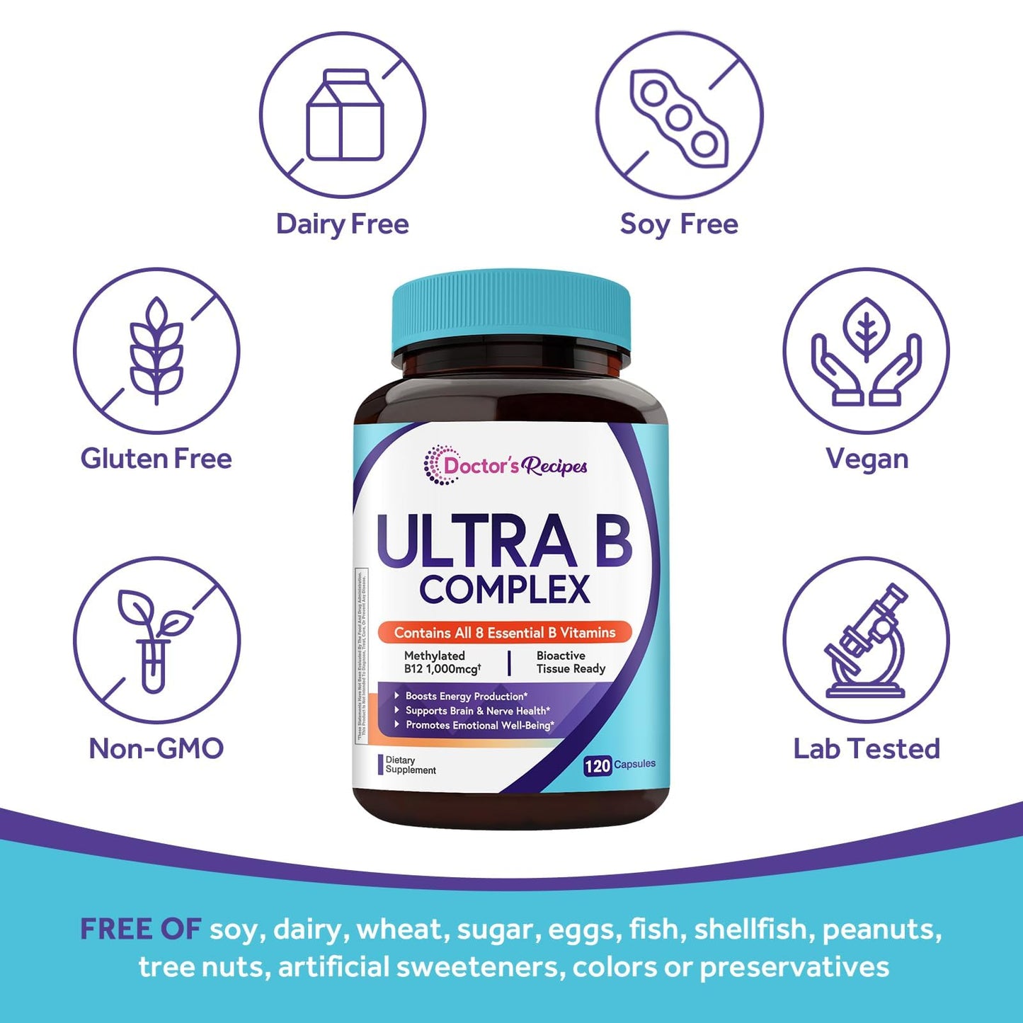 Doctor's Recipes Ultra B Complex Vitamins for Women and Men, Capsules, 120 Count