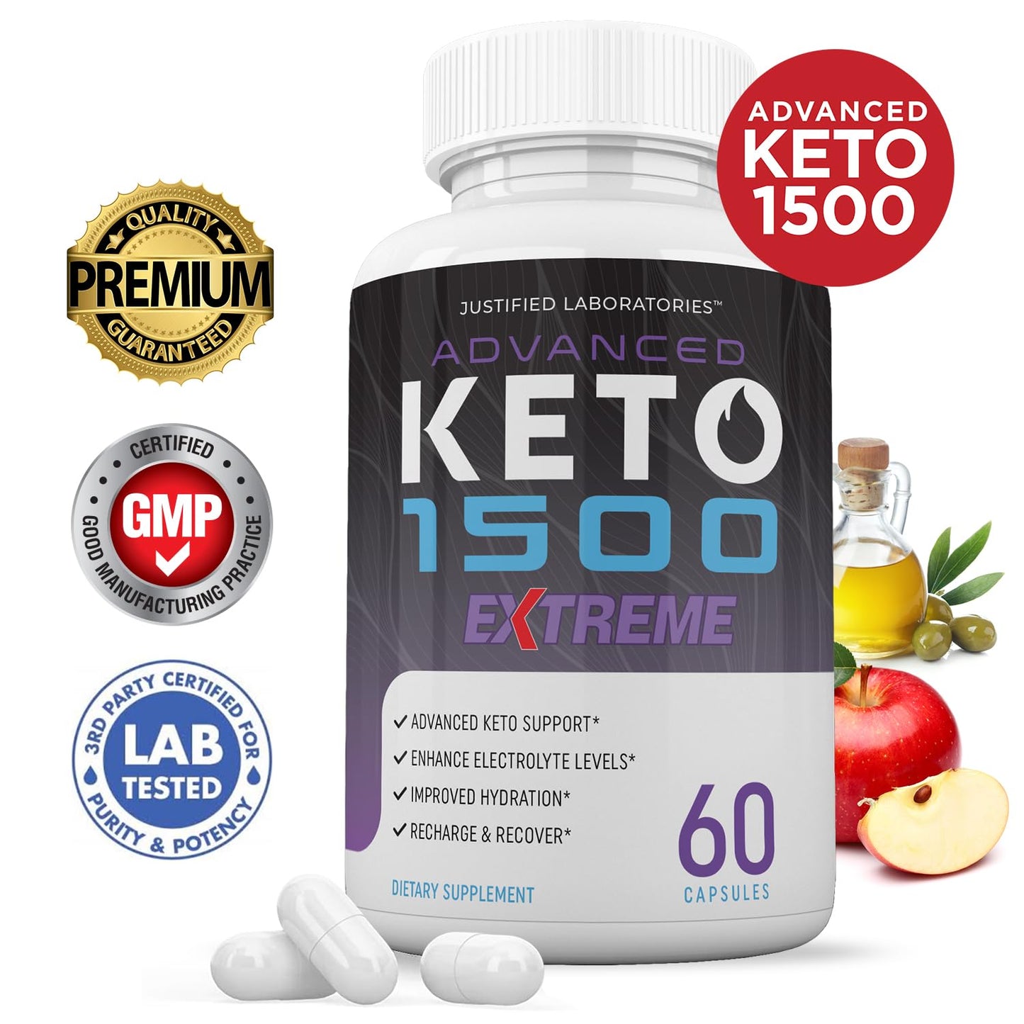 Justified Laboratories Advanced Keto 1500 Extreme Pills 1675MG New & Improved Formula Contains Apple Cider Vinegar Extra Virgin Olive Oil Powder Green Tea Leaf Capsules, 60 Capsules