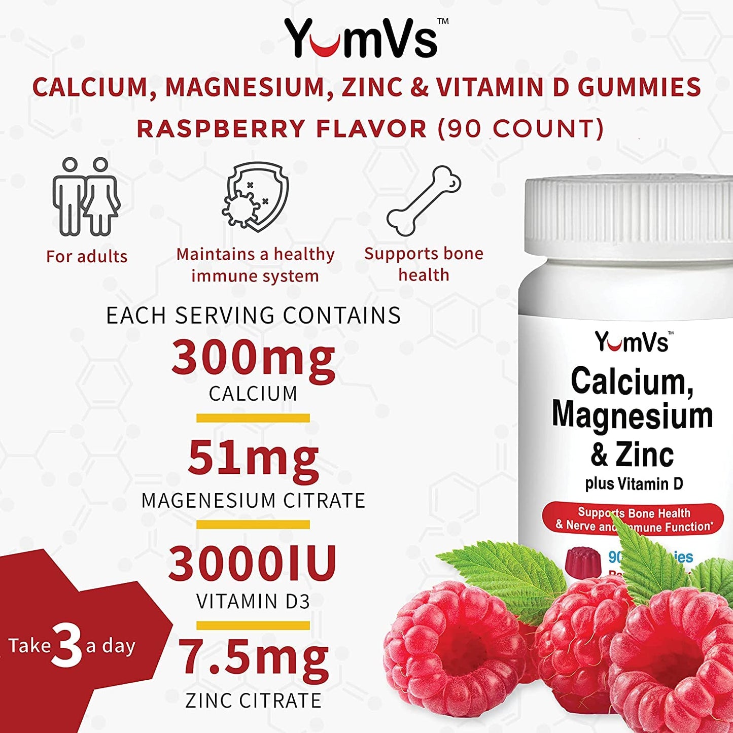 YUM-V'S Calcium, Magnesium, Zinc and Vitamin D Gummies, 180 Count