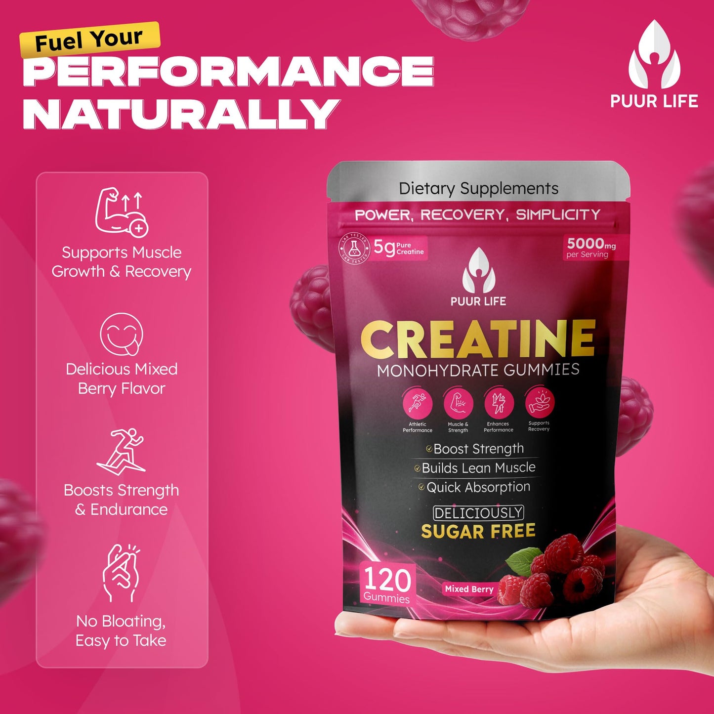 PUUR LIFE Creatine Monohydrate Gummies 5000mg, 120 Count