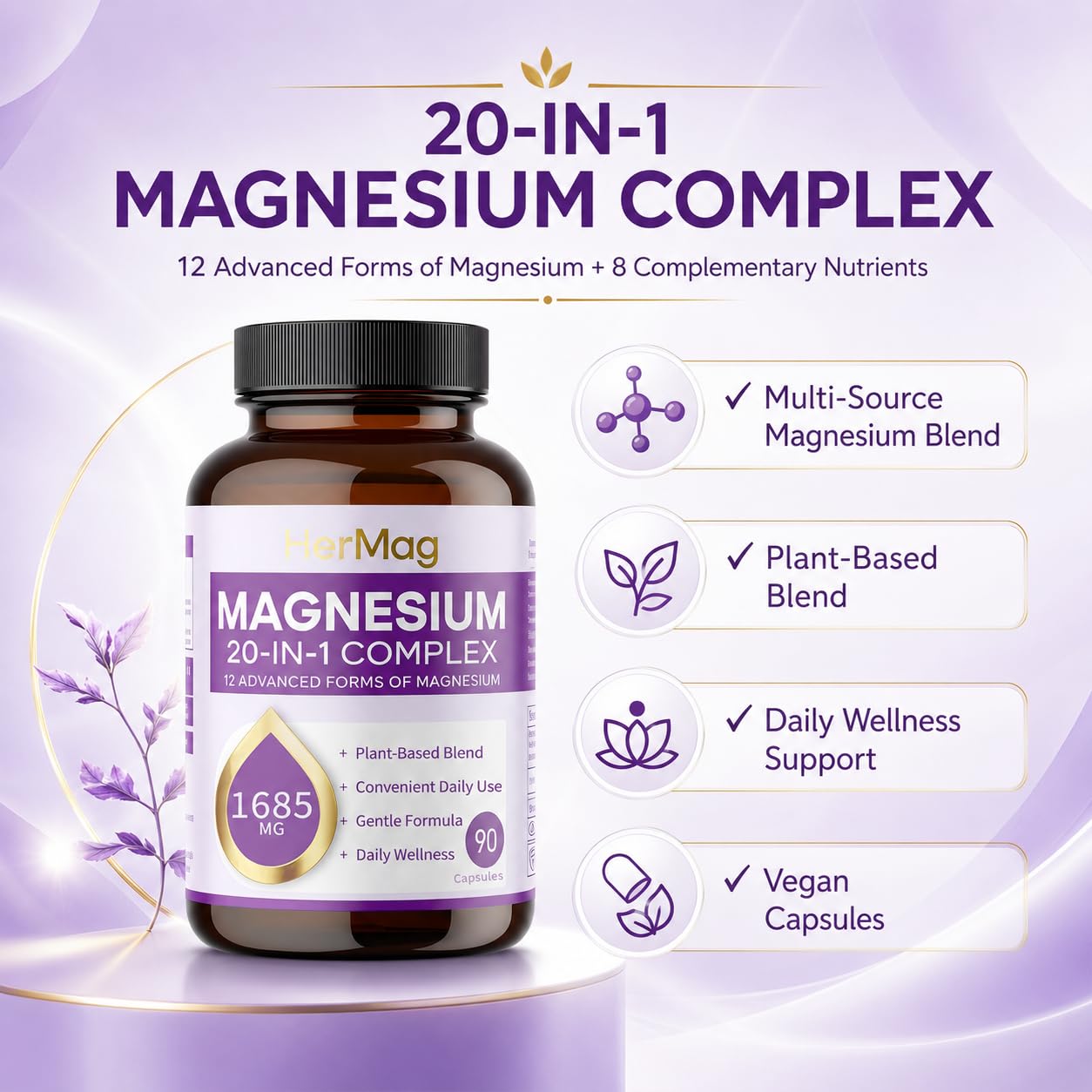 ANEFOSE HerMag 20-in-1 Magnesium Complex, 12 Forms of Magnesium with Vitamin B6, Zinc & Nutrient Blend, Daily Wellness Supplement, 90 Capsules