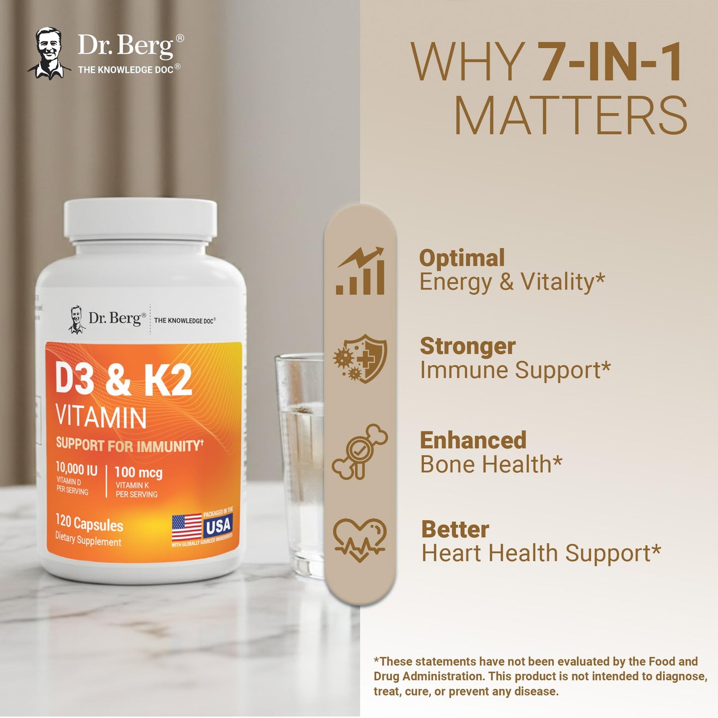 Dr. Berg Nutritionals Maximum Strength 7-in-1 Vitamin D3 K2 10,000 IU Naturally Derived D3 4X Lab-Tested & Verified High Absorption Formula K2 D3 Vitamin Supplement 120 Capsules