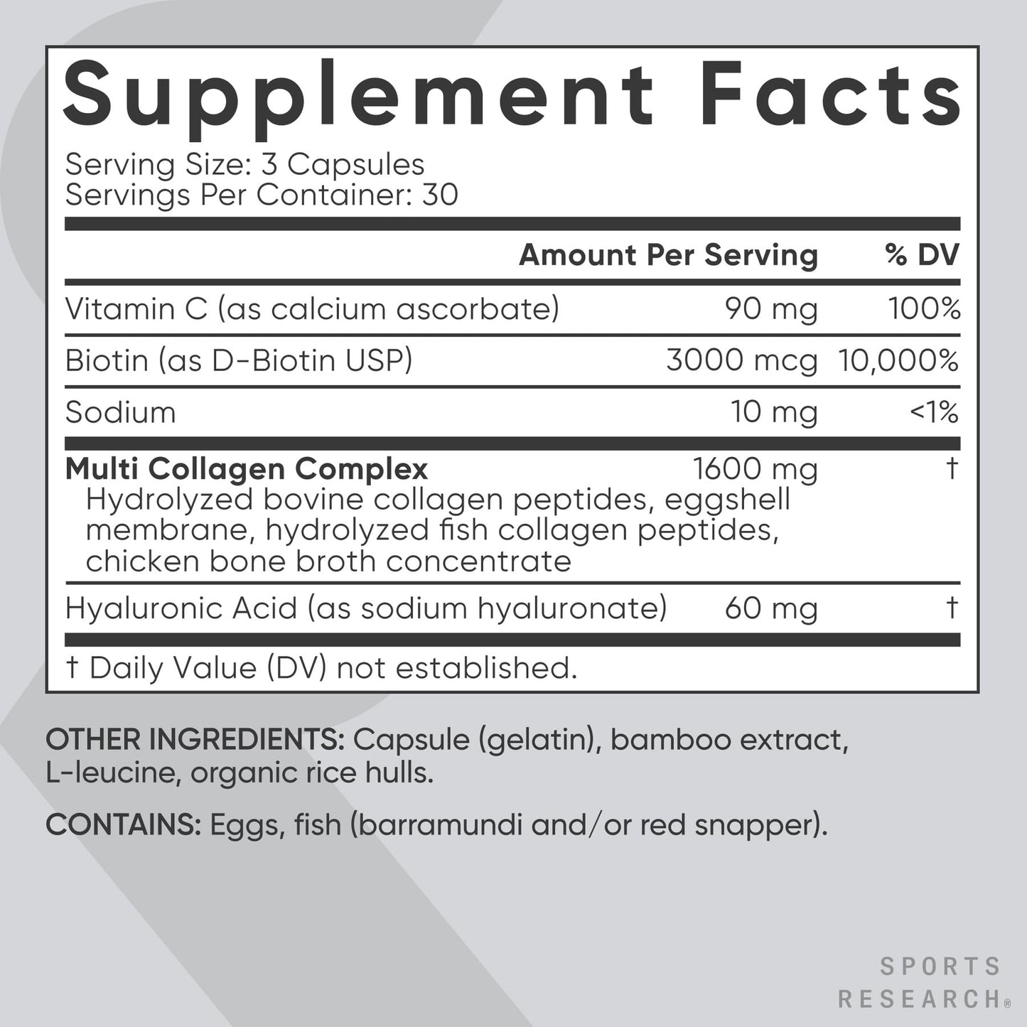 Sports Research Biotin-Infused Collagen Peptides Complex with Hyaluronic Acid – 5 Multi Collagen Types for Hair, Skin & Joint Support, 90 Capsules