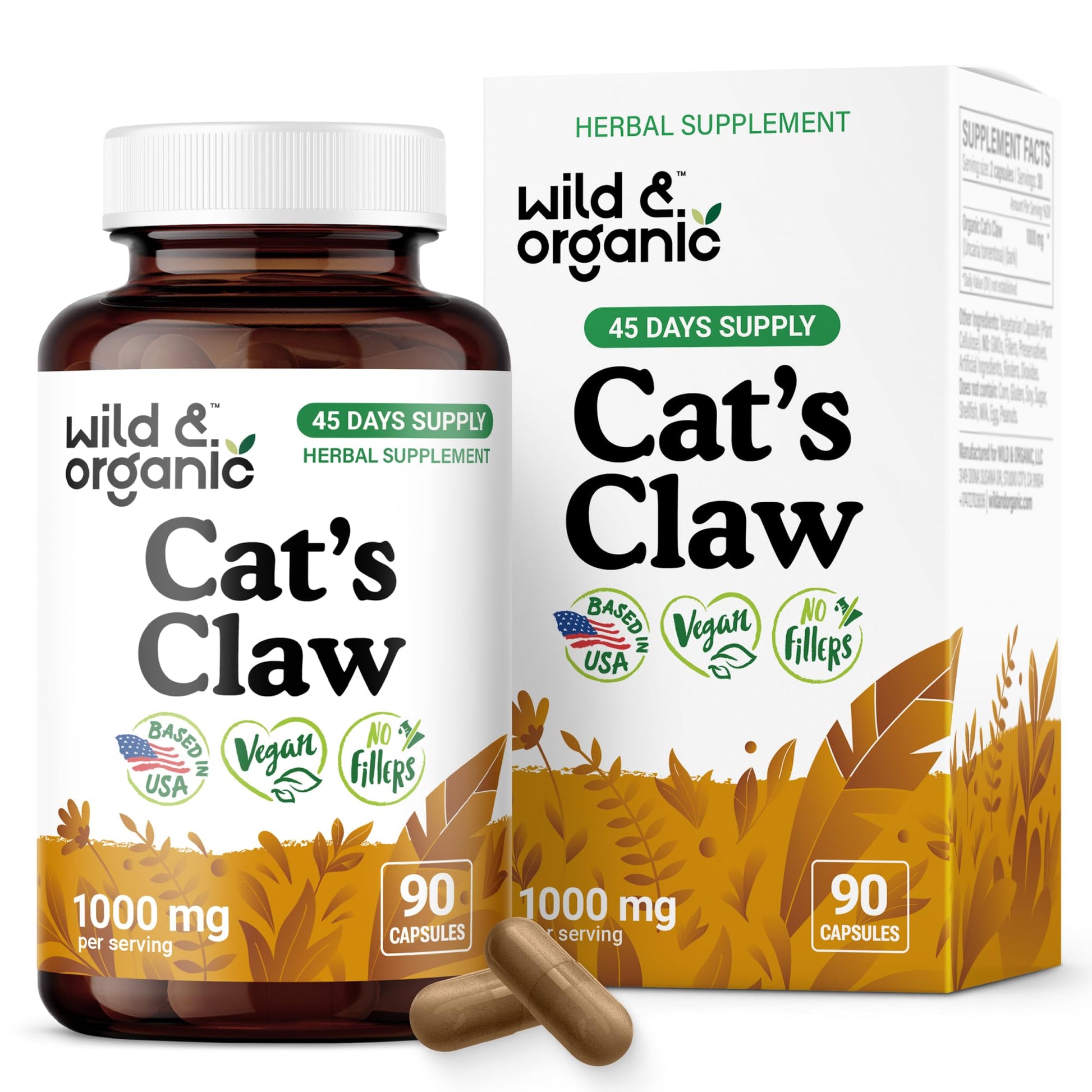 Wild & Organic Cat's Claw Herbal Supplement 1000 mg Capsules, 90 Count