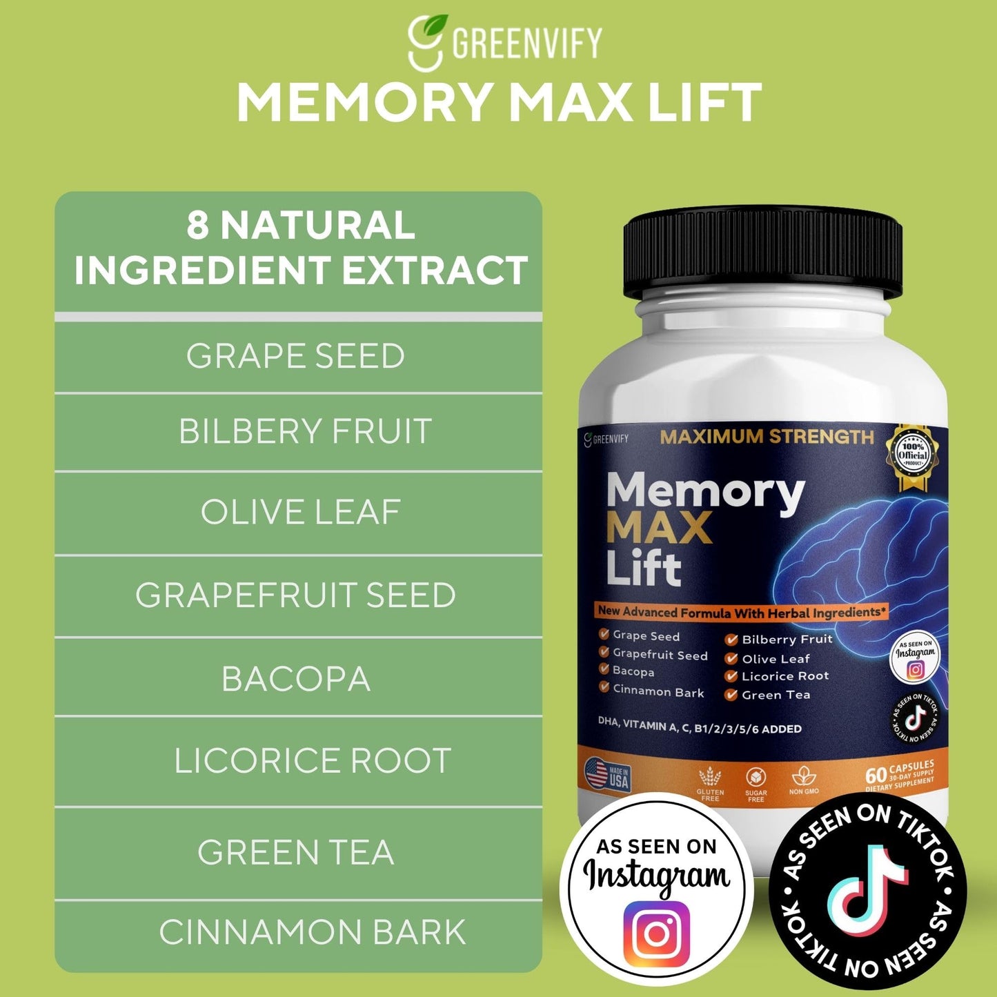 GREENVIFY Memory MAX Lift Brain Support Supplement 60 Capsules
