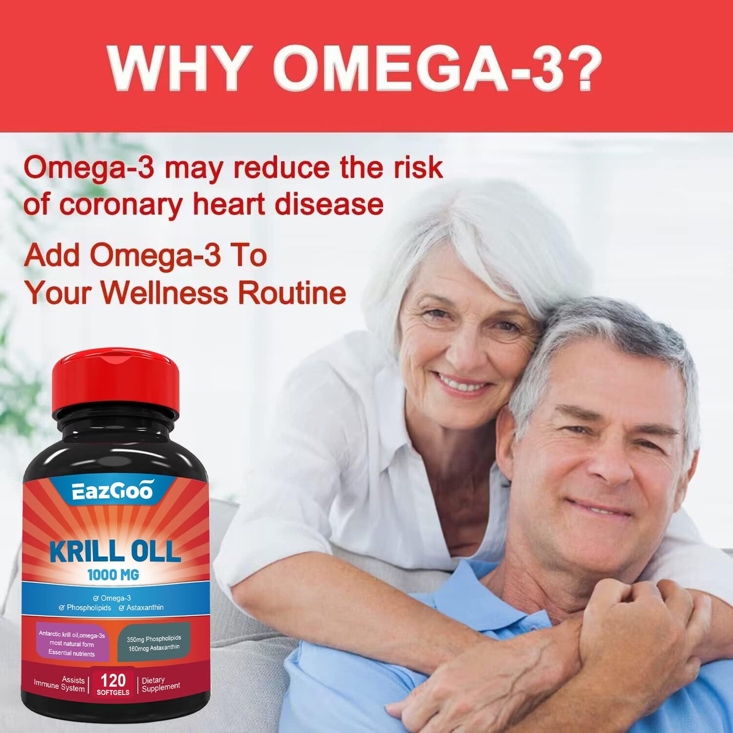EAZGOO Antarctic Krill Oil 1000mg Omega-3 EPA DHA Phospholipids Astaxanthin Softgels 120