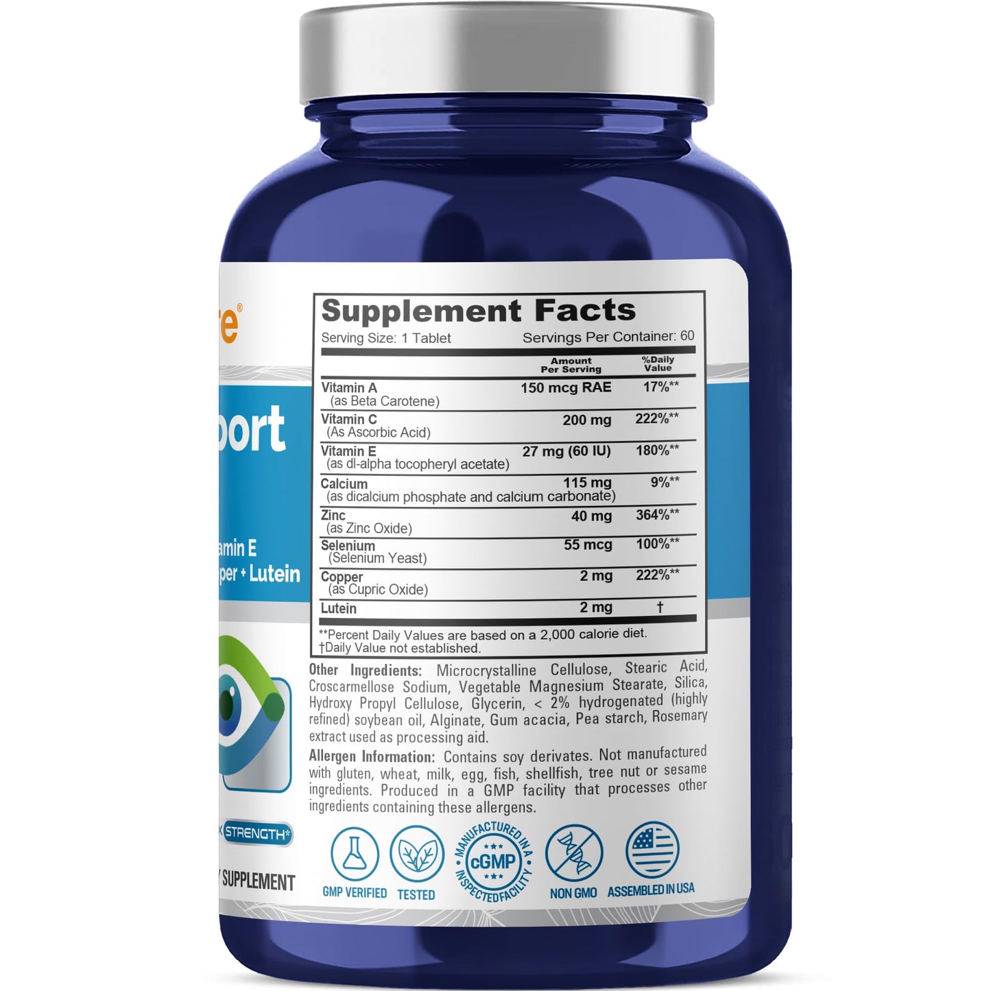 NusaPure Vision Support Nutrients with Vitamin A, C, E, Calcium, Zinc, Selenium, Copper, Lutein Tablets, 60 Tablets