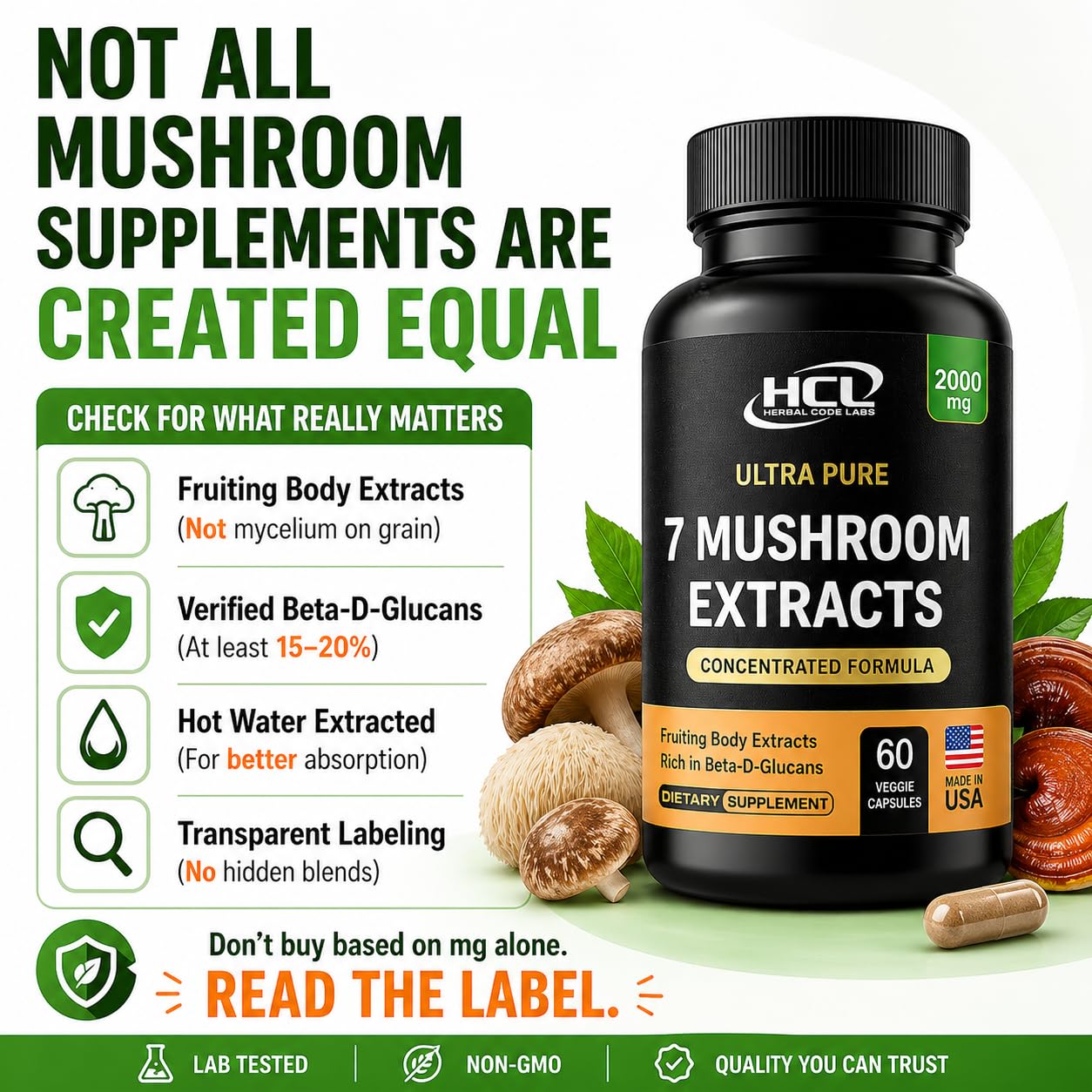 HCL Herbal Code Labs Mushroom Extract Complex Capsules 60 Count