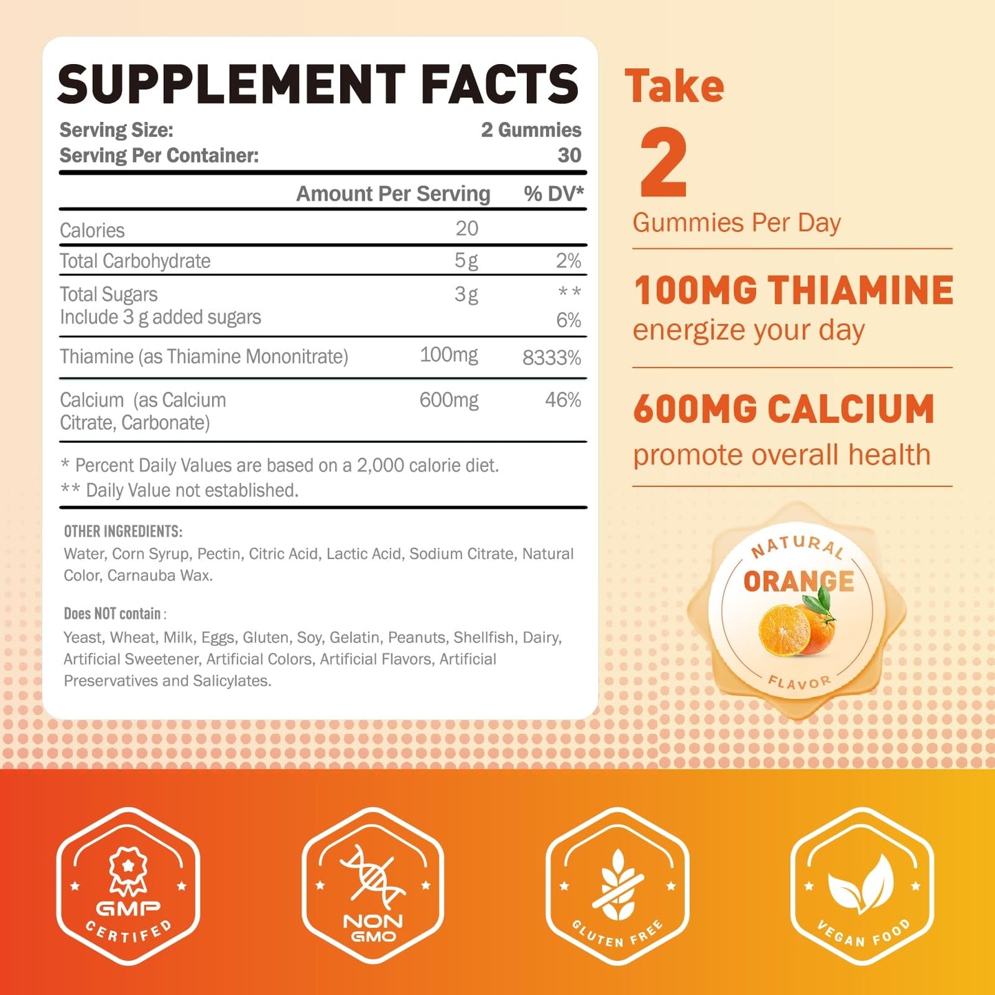Joywiit Vitamin B1 Gummies 100mg for Adults & Kids, Thiamine B1 Supplement with 600mg Calcium, Nervous System Support & Energy Boost, Orange Flavor, Non-GMO, Vegan, 60 Gummies