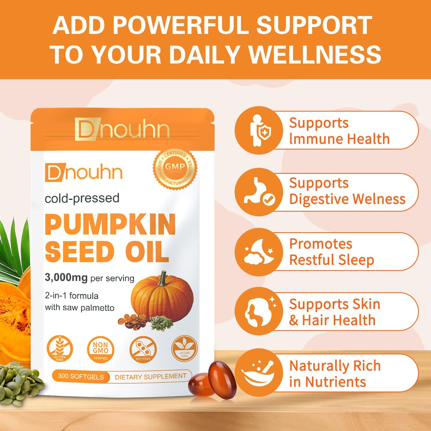 DNOUHN Pumpkin Seed Oil with Saw Palmetto Softgels, 300 Count
