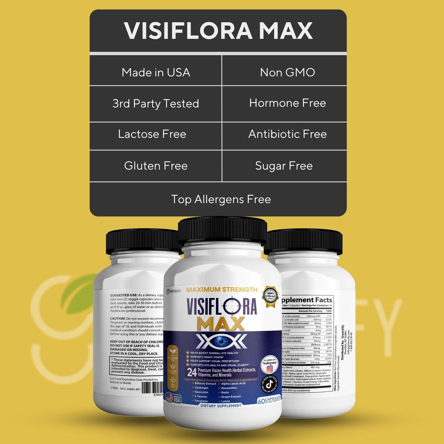 GREENVIFY VisiFlora Max Eye Health Supplement, Vitamins and Minerals, Lutein, Bilberry Extract, 60 Capsules