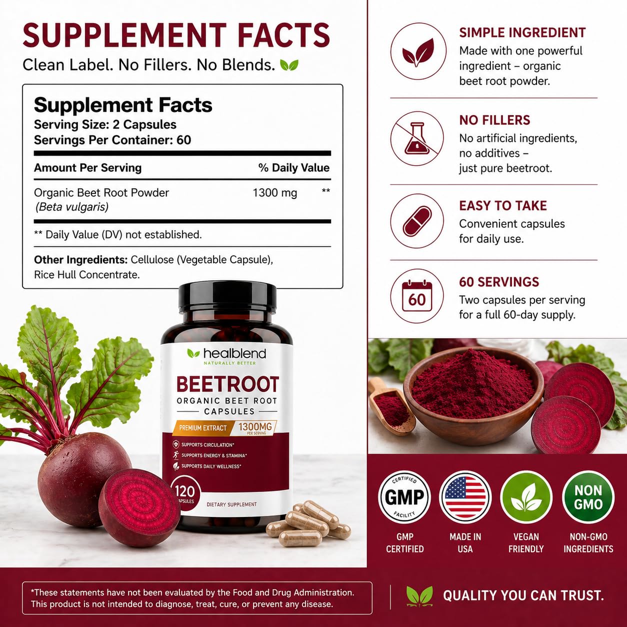 Healblend Organic Beet Root Capsules 120 Count
