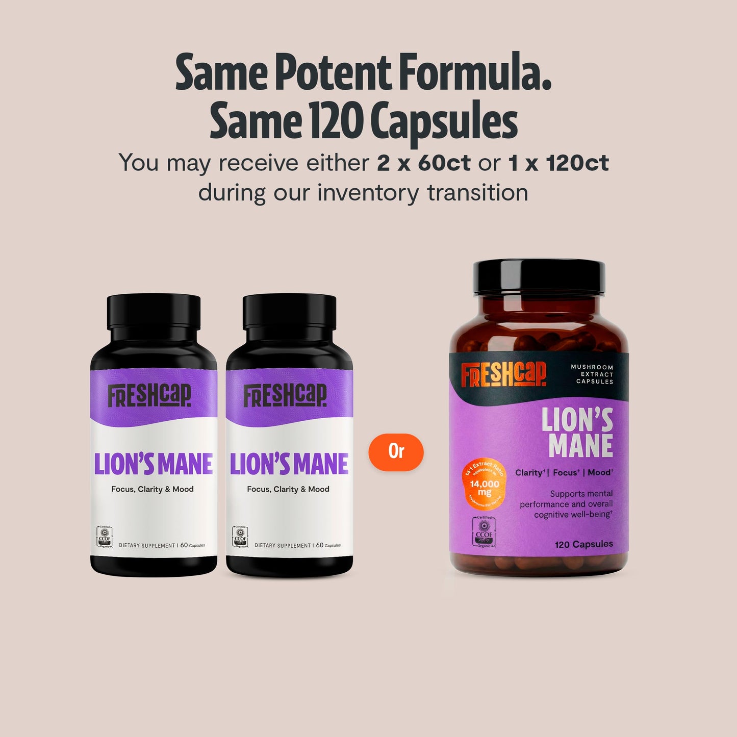 FreshCap Mushrooms Premium Organic Lions Mane Capsules 14:1 Fruiting Body Extract with 31% Beta-Glucans, 120 Capsules