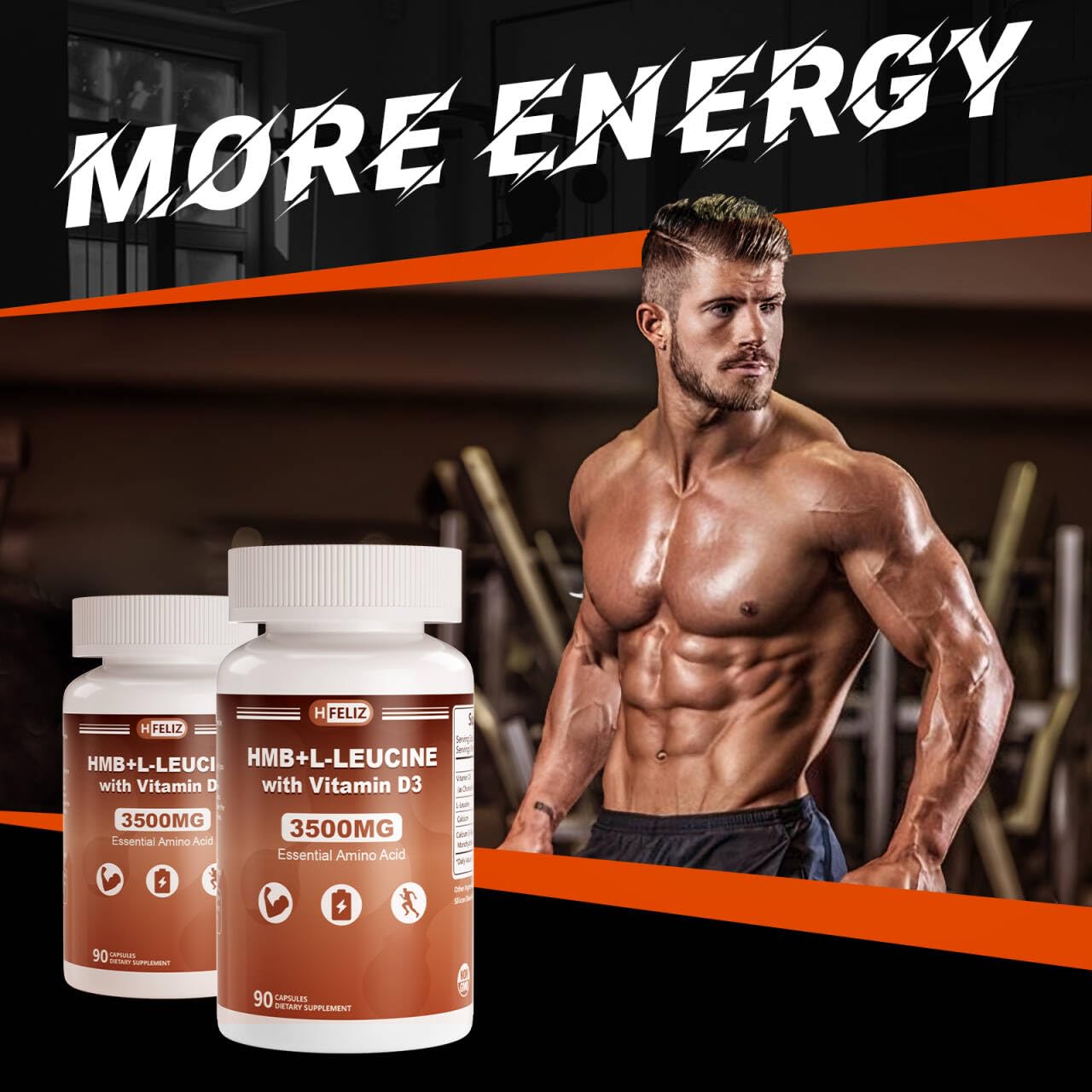 HFELIZ HMB and Leucine Supplement, 3500mg L-Leucine HMB with Vitamin D3, Amino Acid BCAA for Men, Vegan, Gluten Free, 90 Capsules