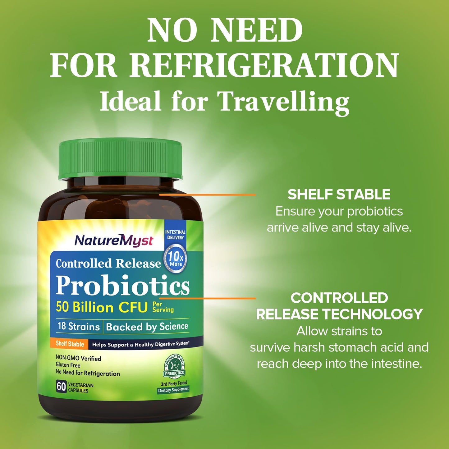NatureMyst Probiotics 50 Billion per Serving, 18 Probiotic Strains Veggie Capsules, Non-GMO, Gluten Free, 60 Count