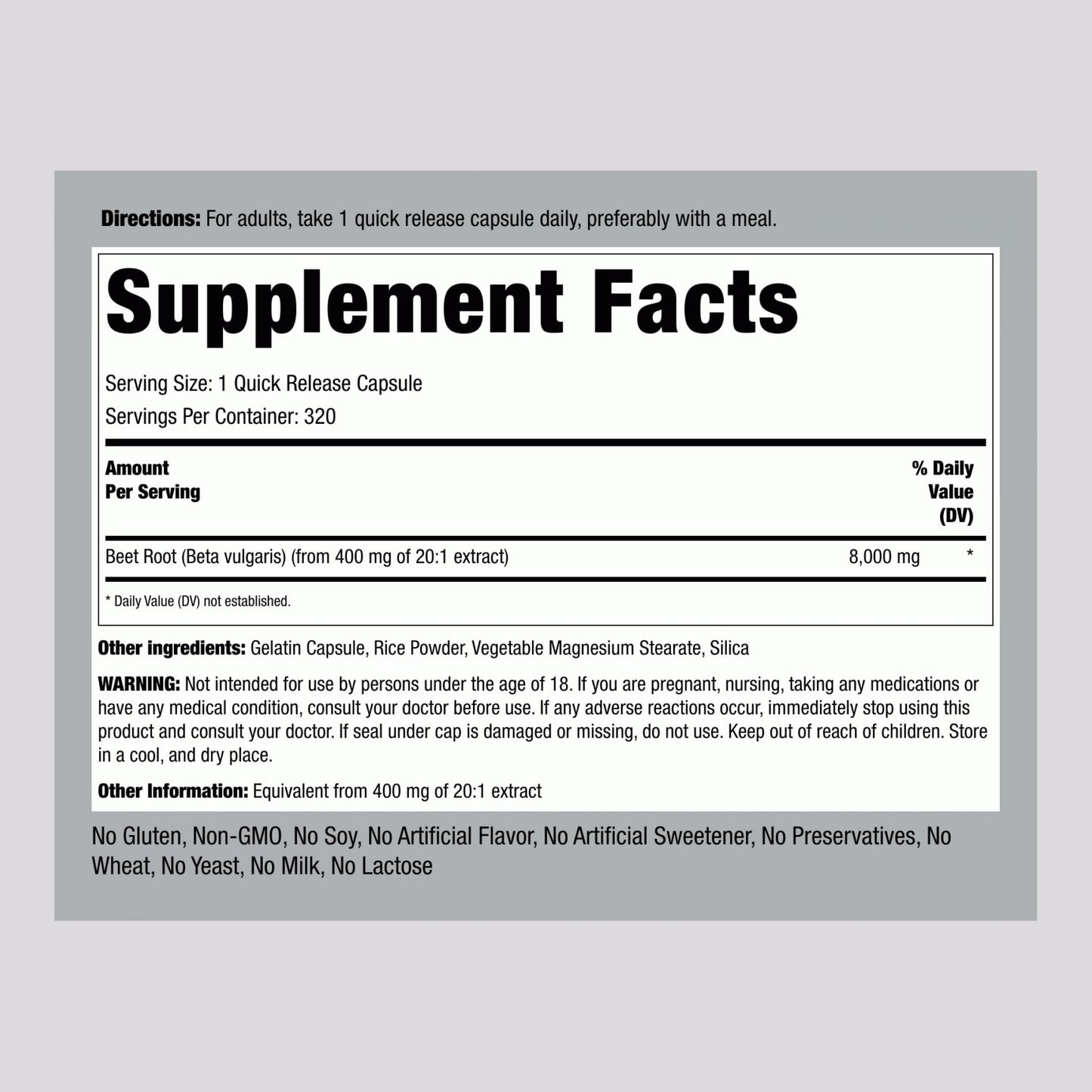 Piping Rock Beet Root Powder Capsules 320 Capsules