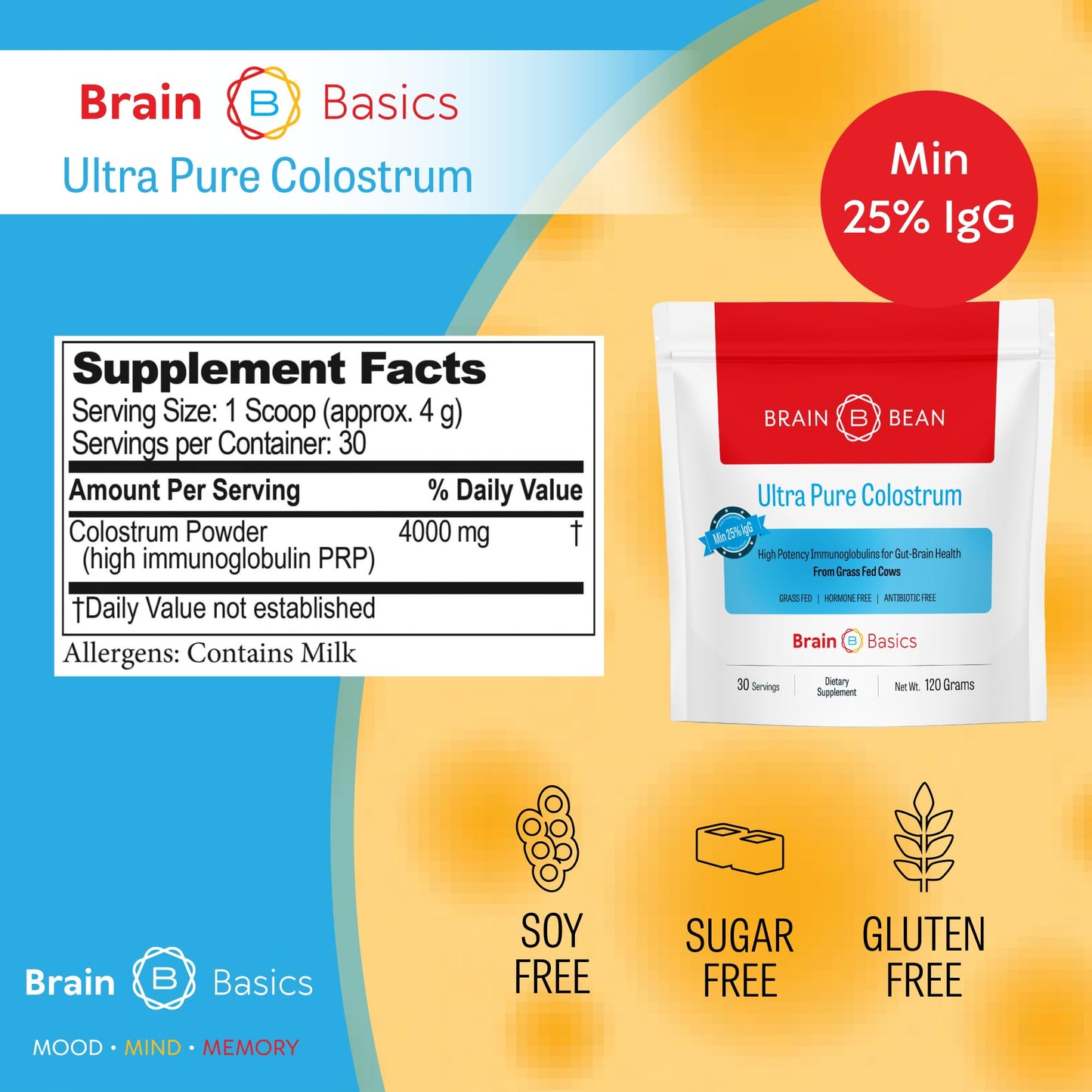 Brain Bean Brain Basics Ultra-Pure Colostrum Powder, 4.23 oz