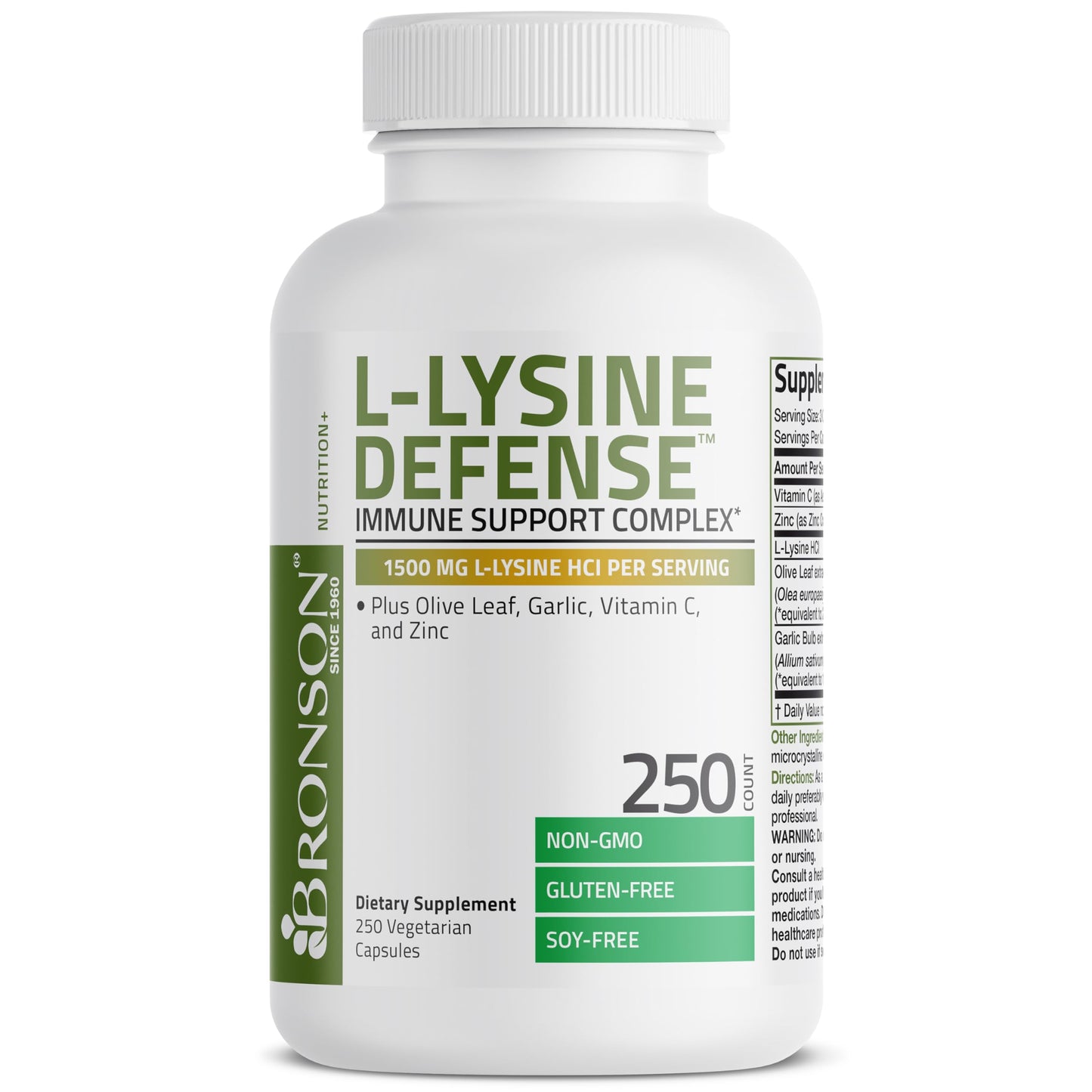 Bronson L-Lysine Defense Immune Support Complex 1500 MG L-Lysine Plus Olive Leaf, Garlic, Vitamin C and Zinc - Non-GMO, 250 Capsules
