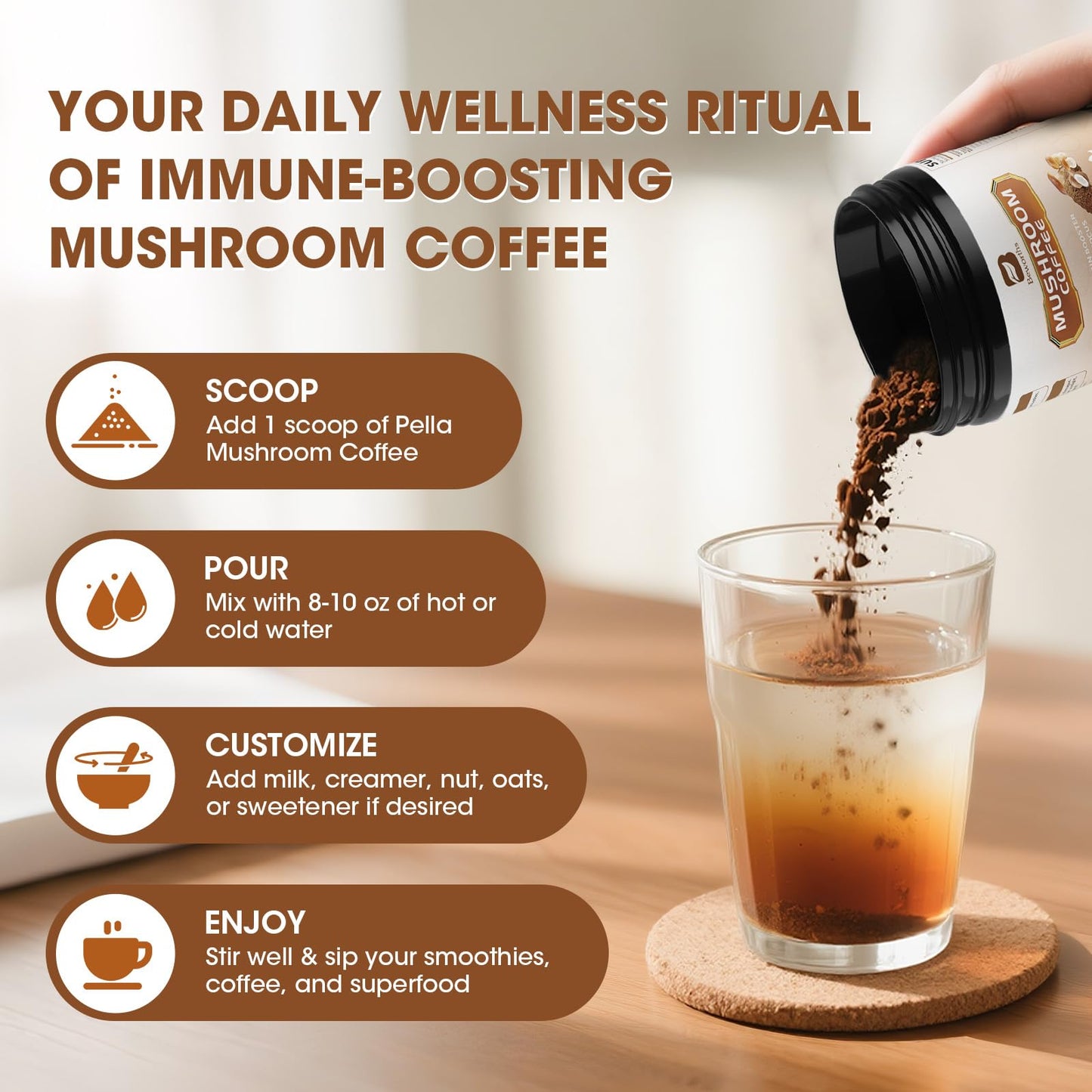 B BEWORTHS Mushroom Coffee Powder with MCT Oil, Arabica Instant Coffee, 4.23 Ounce
