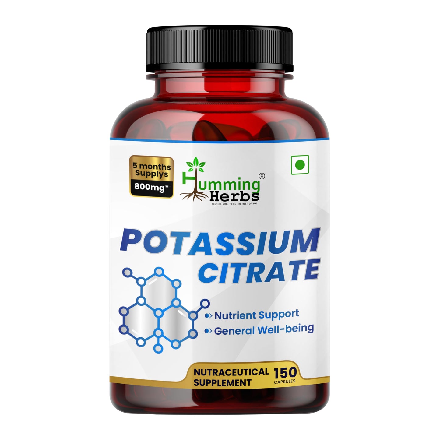 Humming Herbs Potassium Citrate 800 mg (306 mg Elemental Potassium) Capsules, 150 Count
