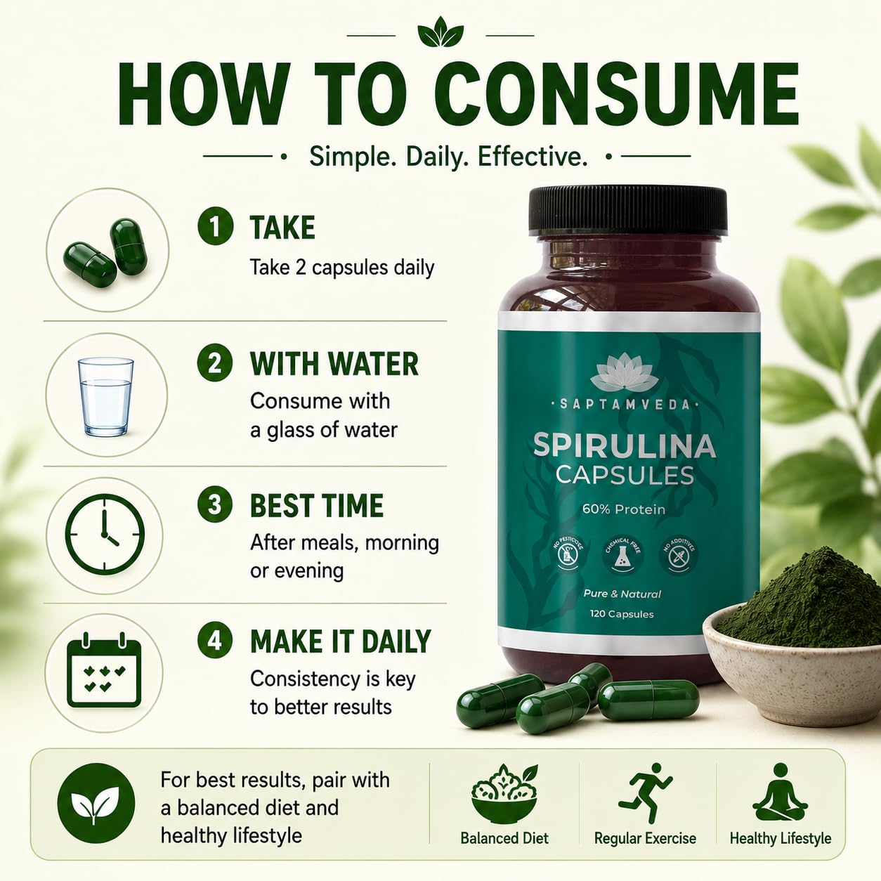 SAPTAMVEDA Saptamved Natural Spirulina 2000mg, 120 Capsules