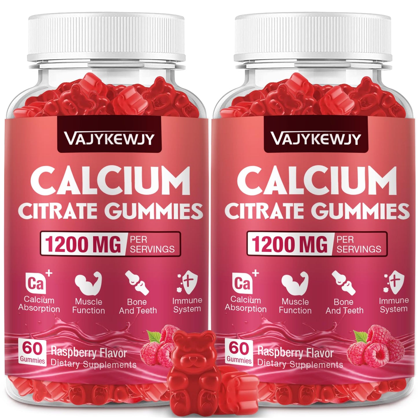 VAJYKEWJY Calcium Citrate Gummies 1200mg for Adults & Kids - Bone & Teeth Support, Easy Absorption, Raspberry Flavor, Non-GMO, Gluten Free, Vegan - 2 Count
