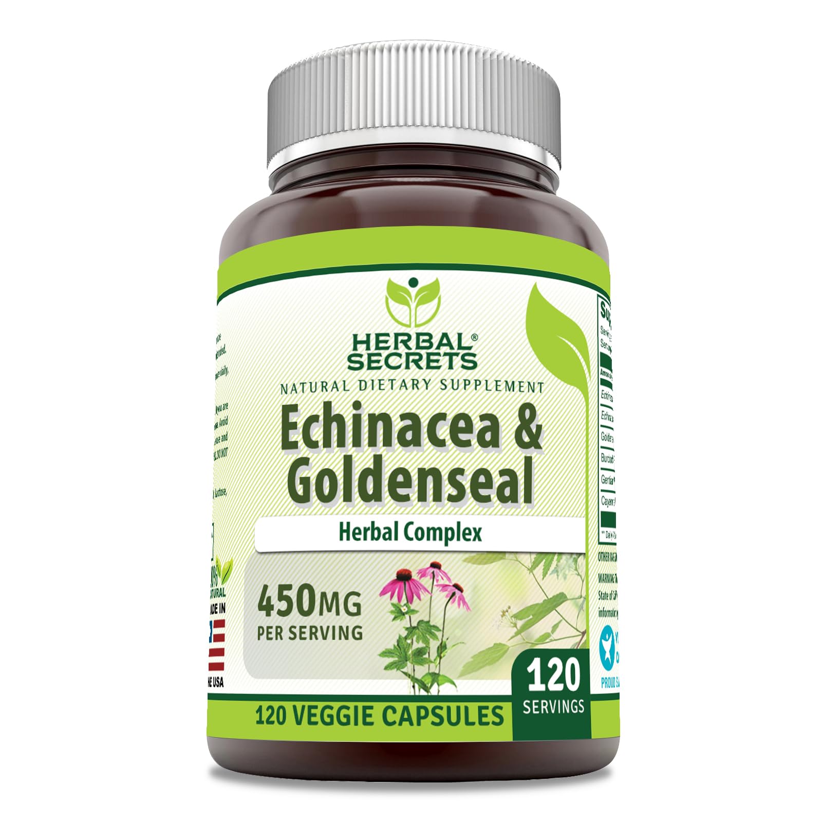 Herbal Secrets Echinacea & Goldenseal Root Supplement Capsules 120 Count