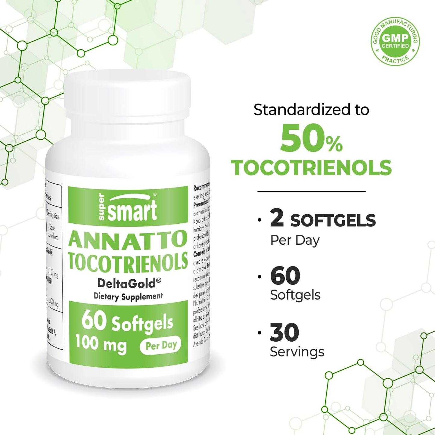 Supersmart Annatto Tocotrienols 100mg per Day (DeltaGold Vitamin E) Softgels, 60 Count