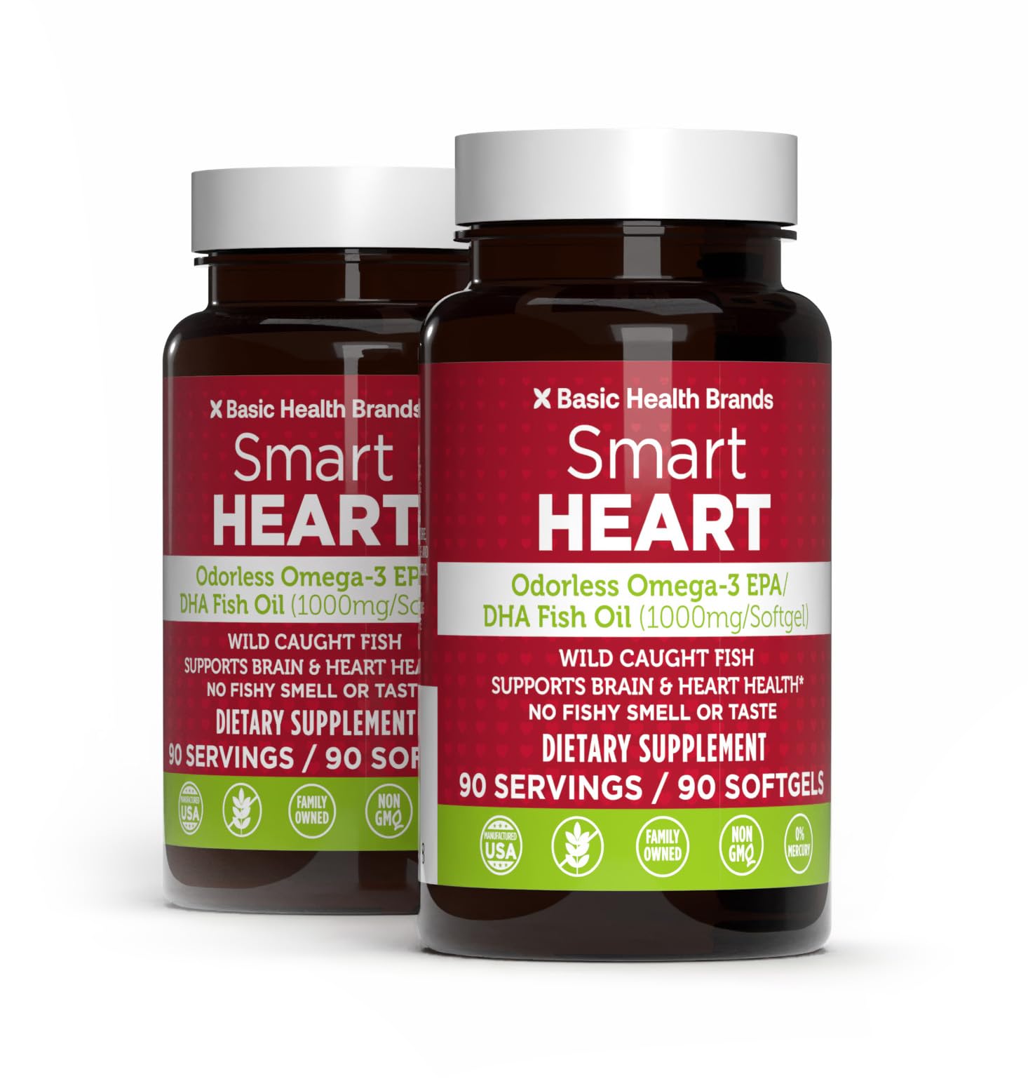 Basic Brands Smart Heart Odorless Omega-3 Fish Oil 1000mg - Triple Strength EPA & DHA, Non-GMO, Heart & Cognitive Support, 180 Softgels