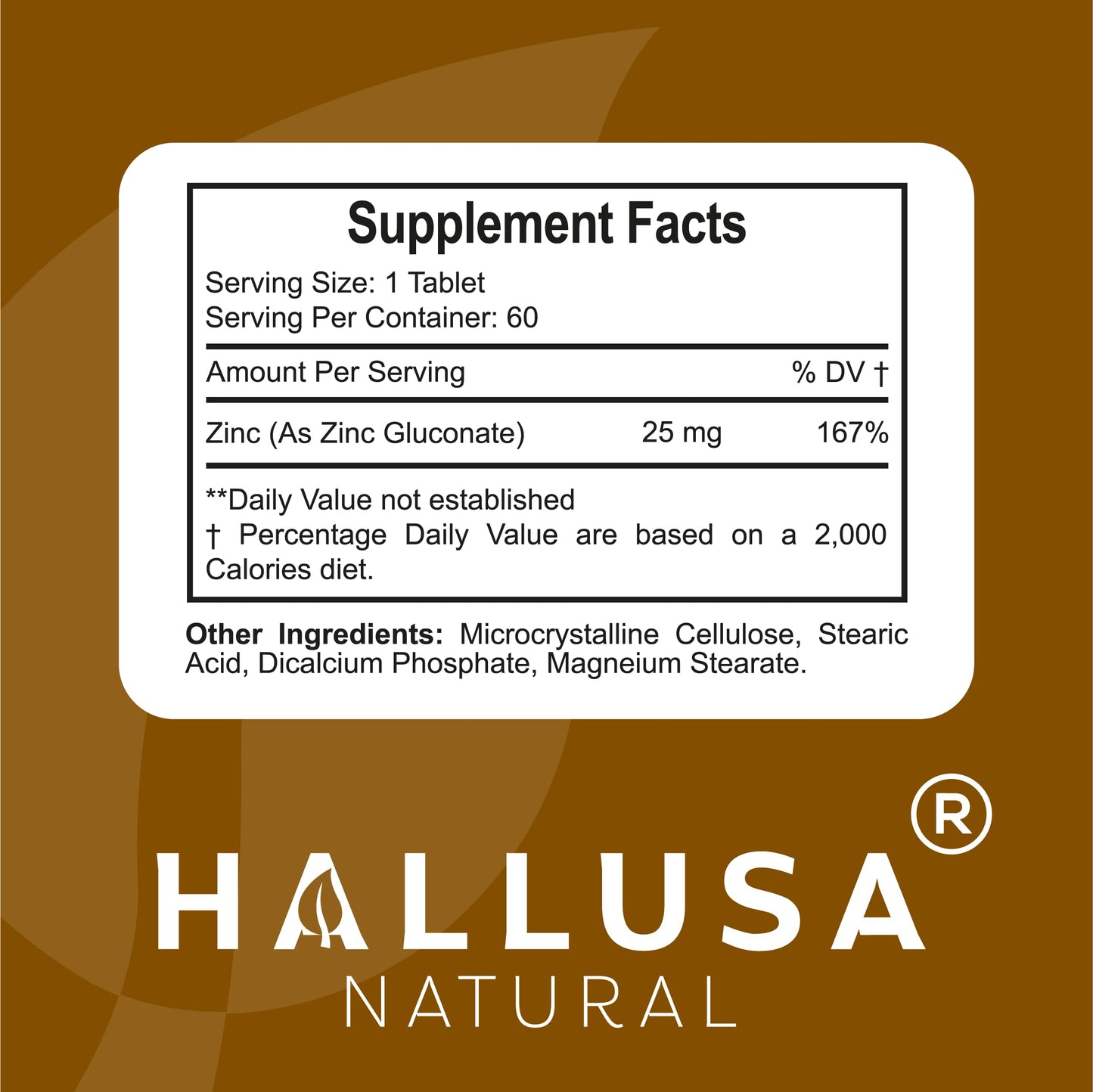 Hallusa Natural Zinc 25 mg - Zinc Gluconate Supplement, 60 Tablets