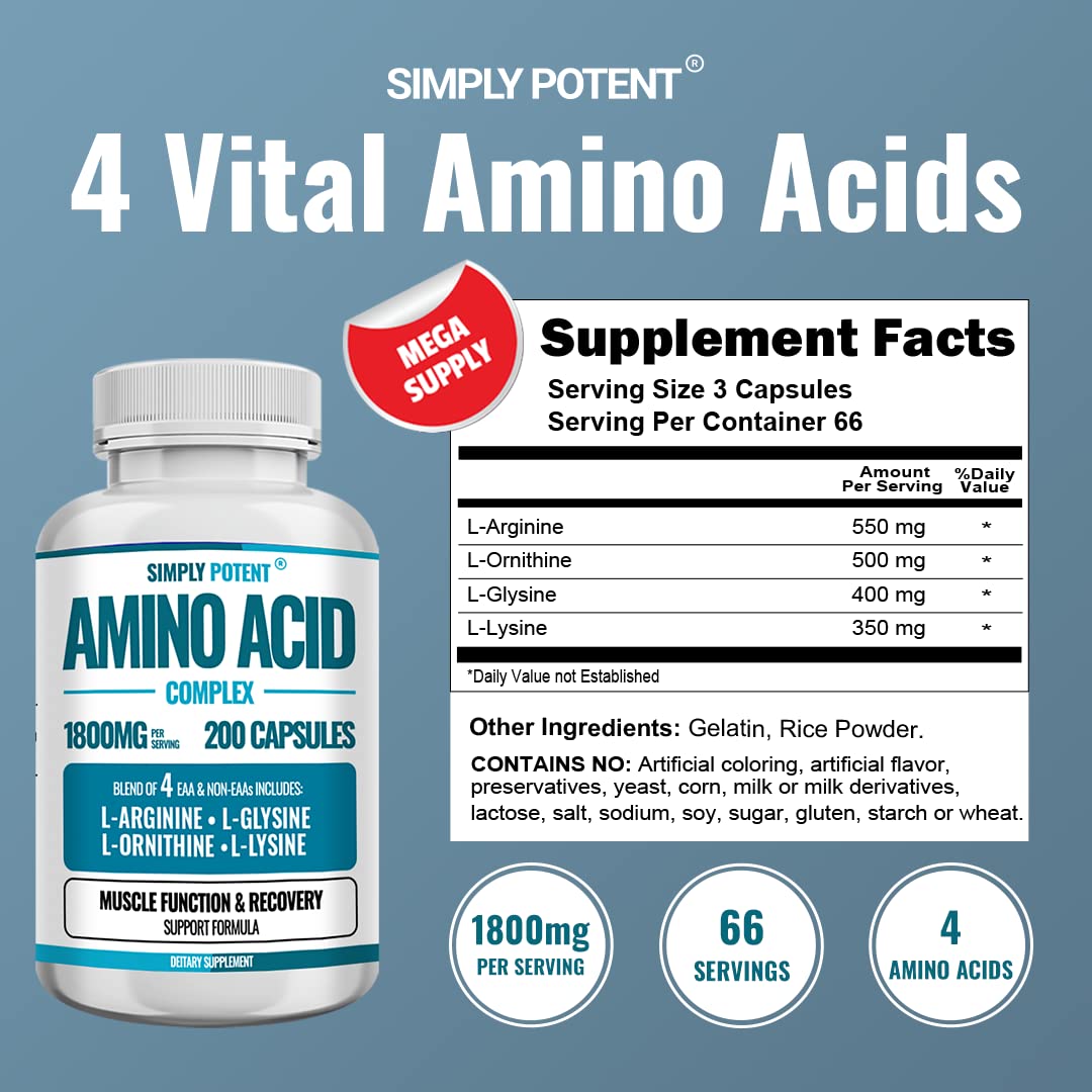 Simply Potent Amino Acid Complex 1800mg, 200 Capsules