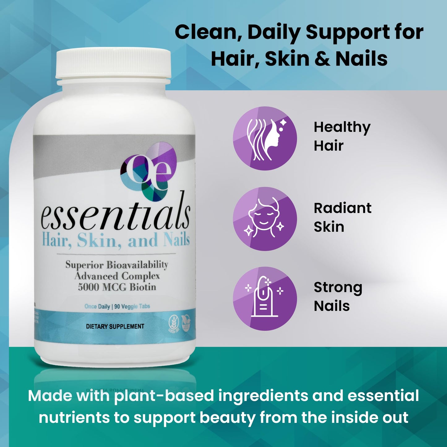 Organic Excellence Hair, Skin and Nails Vitamins for Women & Men – Biotin Supplement 5000 mcg with Hyaluronic Acid, Tablets, 90