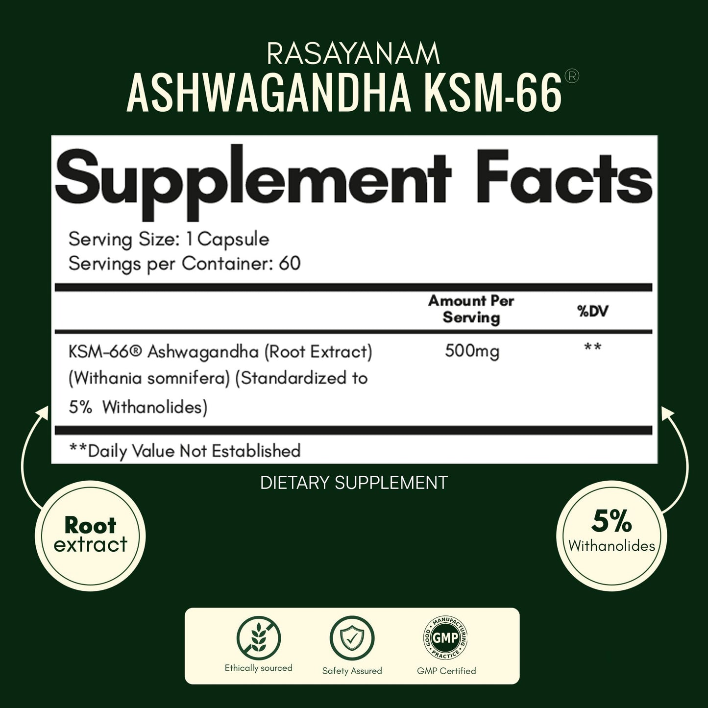 Rasayanam Ashwagandha KSM-66 500mg Capsules, 60 Count