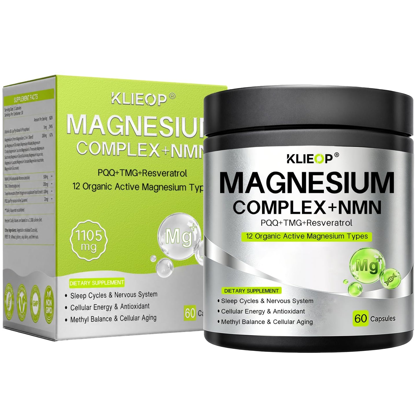 Klieop Magnesium Complex Supplement for Women and Men 17-in-1 with NMN, TMG, Resveratrol, PQQ & Vitamin B6, Sleep & Relaxation, Nervous System, NAD+ Level & Cellular Energy Support, Capsules, 60 Count