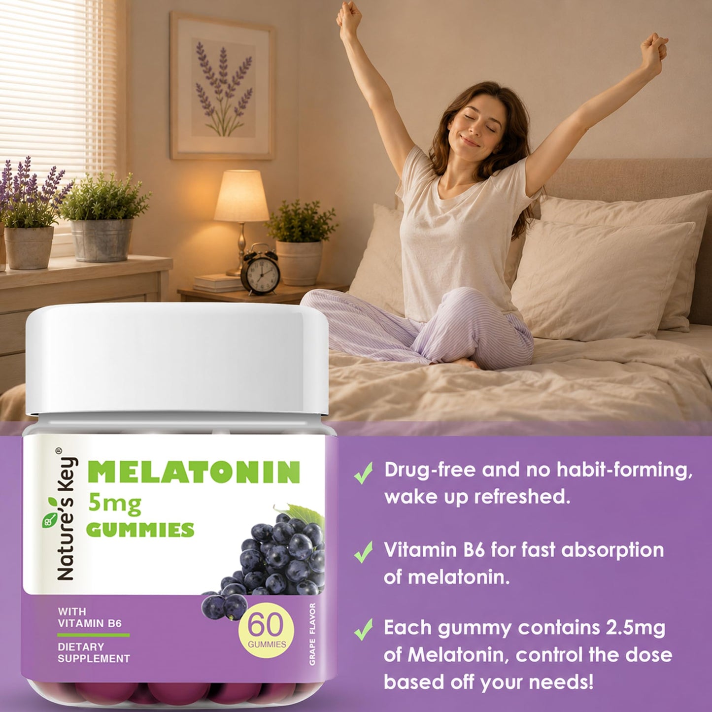 Nature's Key Melatonin Gummies 5mg with Vitamin B6, Sleep Support, 60 Count