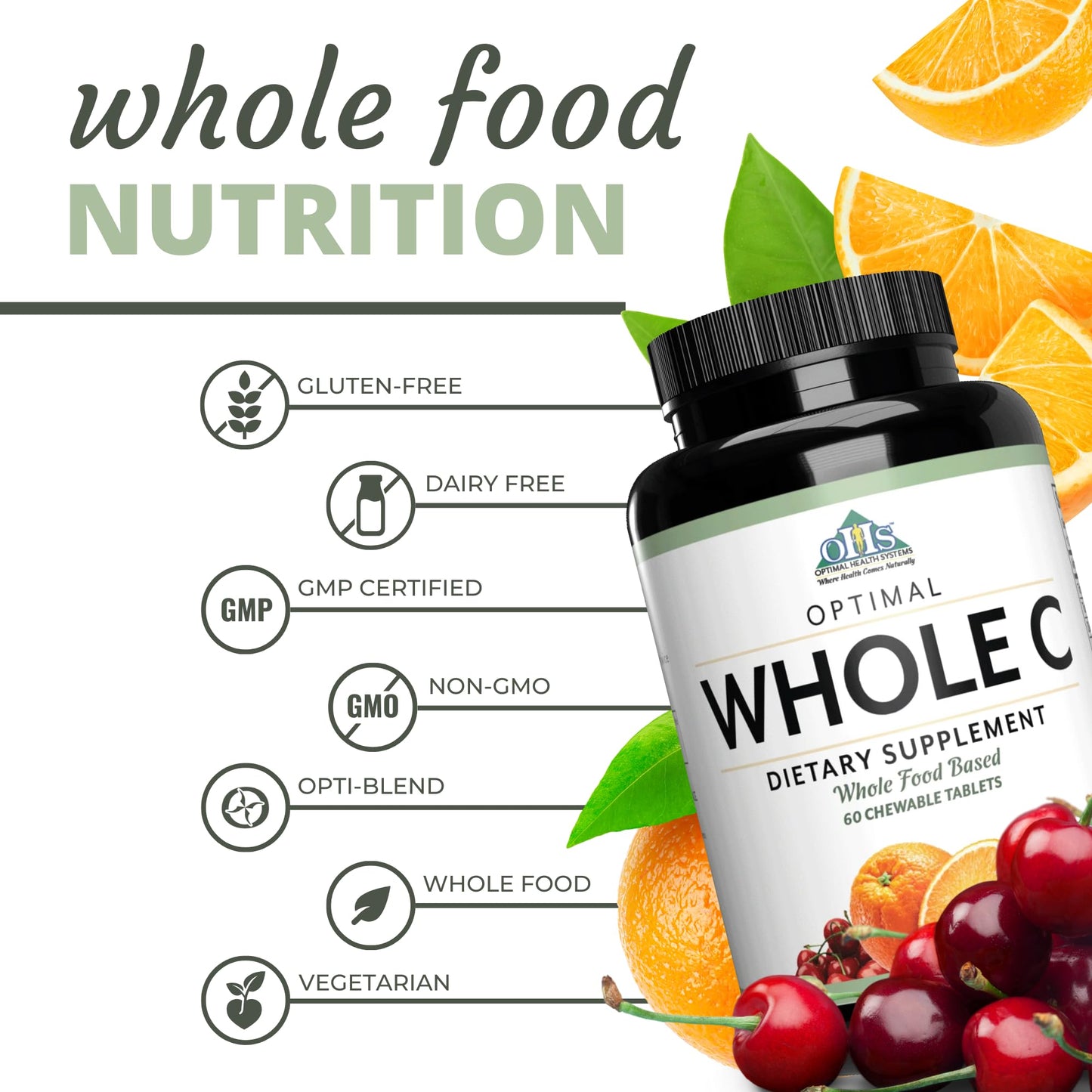 Optimal Health Systems Whole C Chewable Vitamin C from Whole Foods, Acerola Cherry, Orange Fruit, & Black Currant + Bioflavenoids, 60 Tablets