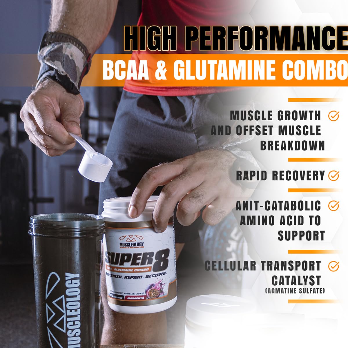 MUSCLEOLOGY Super 8 High Performance BCAA, Electrolyte & Glutamine Blend Formula Powder 1.0582