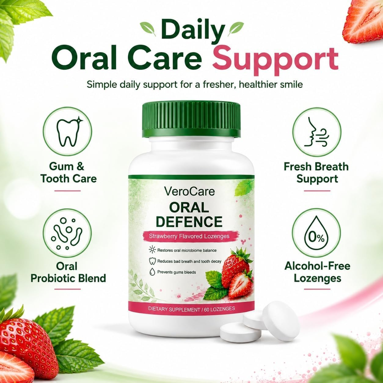 VeroCare Oral Defense Lozenges with Oral Probiotics, Hydroxyapatite, Xylitol & Lactoferrin, Alcohol-Free for Fresh Breath, Gum & Tooth Care, 60 Tablets