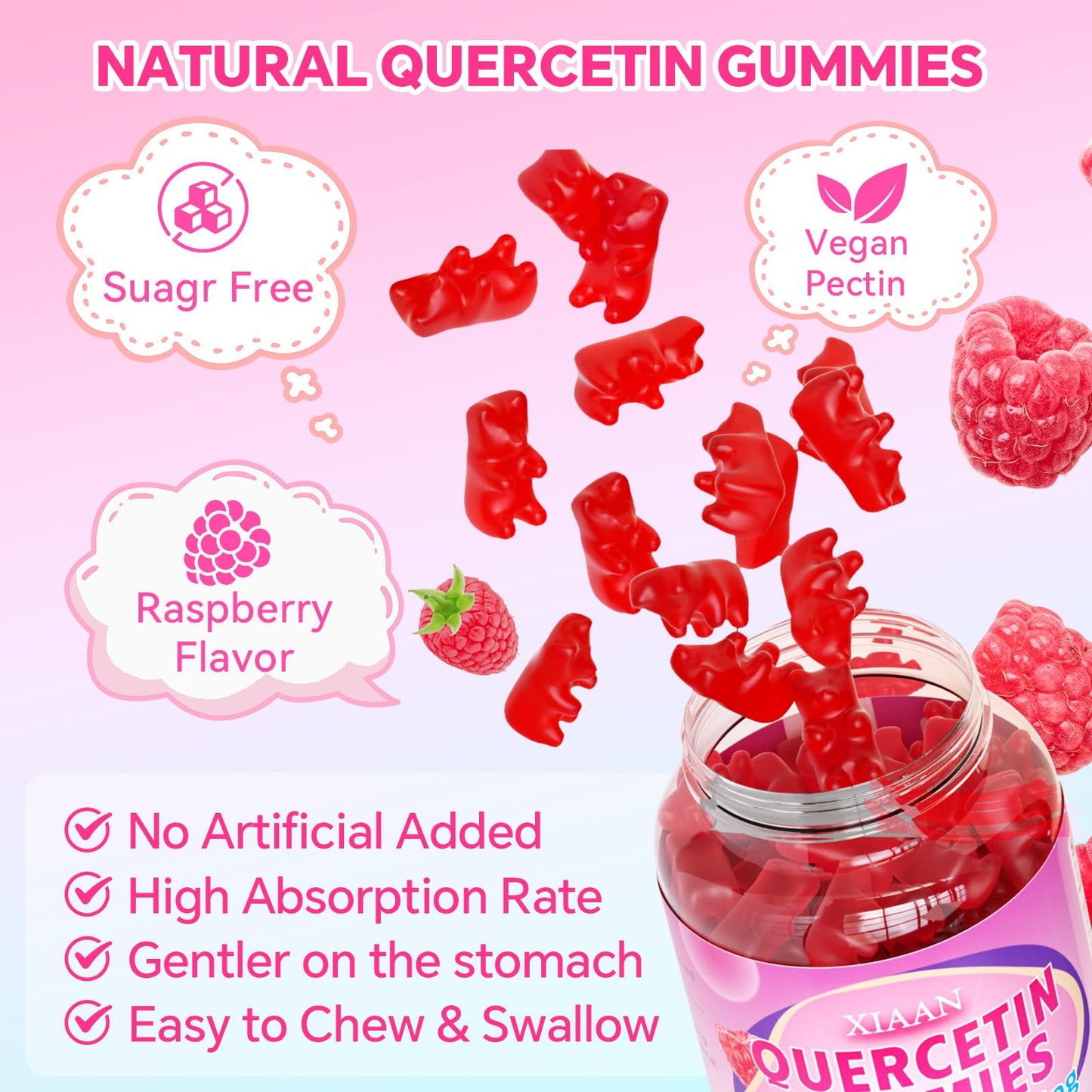 XIAAN Quercetin Gummies 500mg for Kids & Adults, Raspberry Flavor, 60 Count