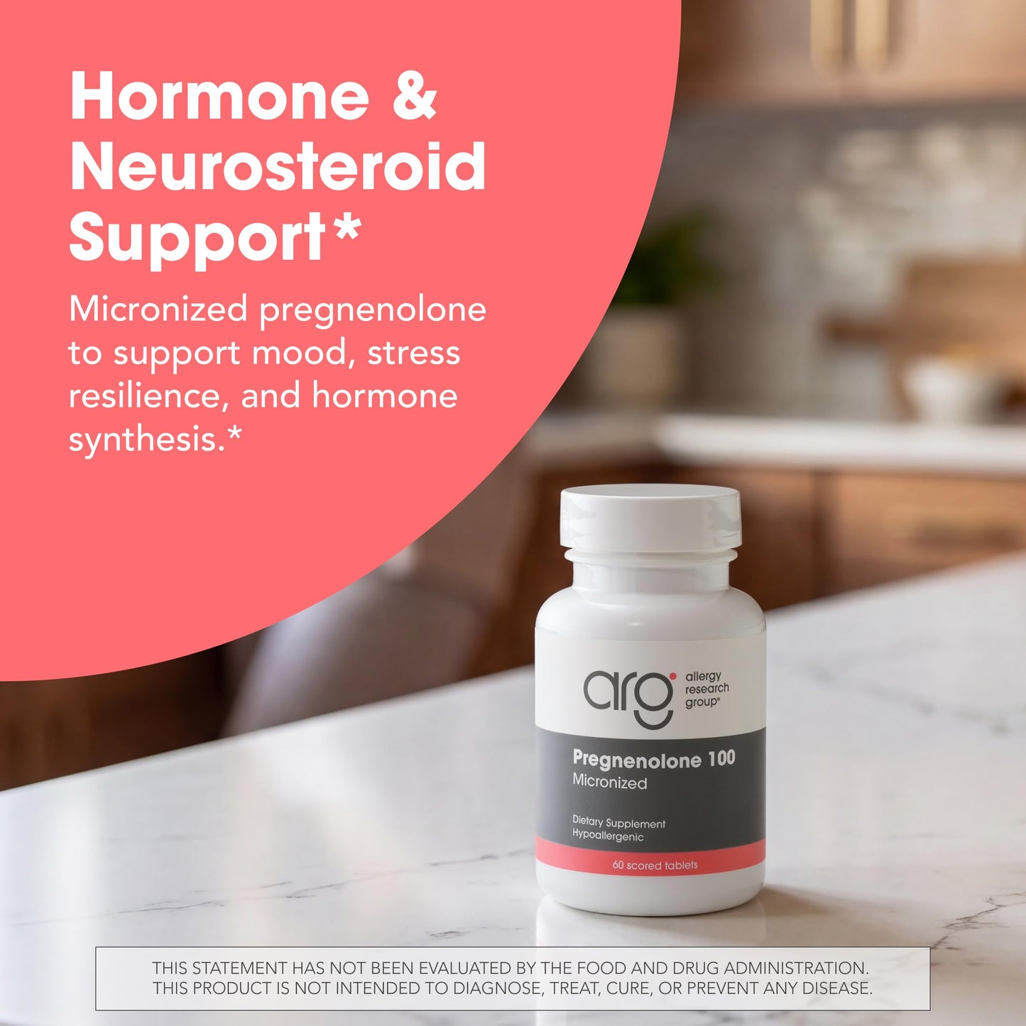 Allergy Research Group ARG Pregnenolone 100 mg - Micronized Hormone Precursor Support - Highly Bioavailable - Hypoallergenic Tablet, 60 Tablets