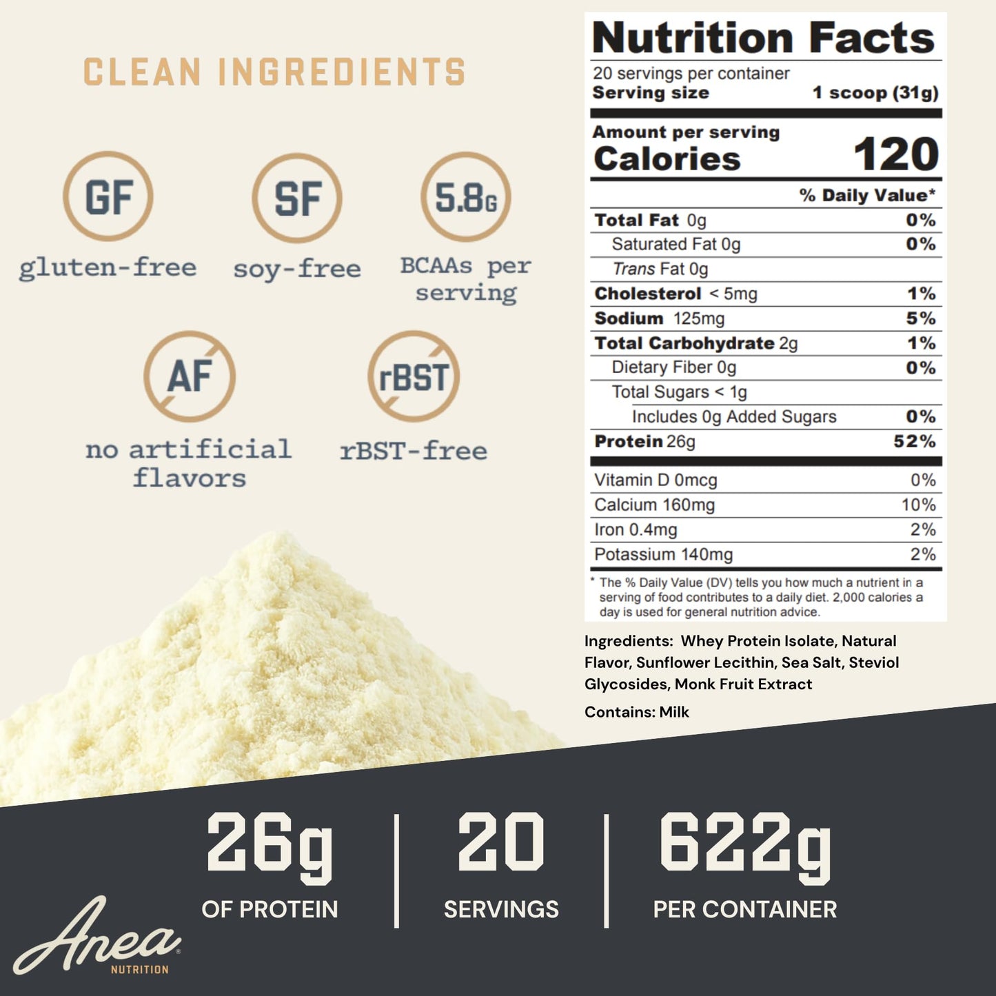 Anea Nutrition Whey Protein Isolate Vanilla Powder, 21.94 oz