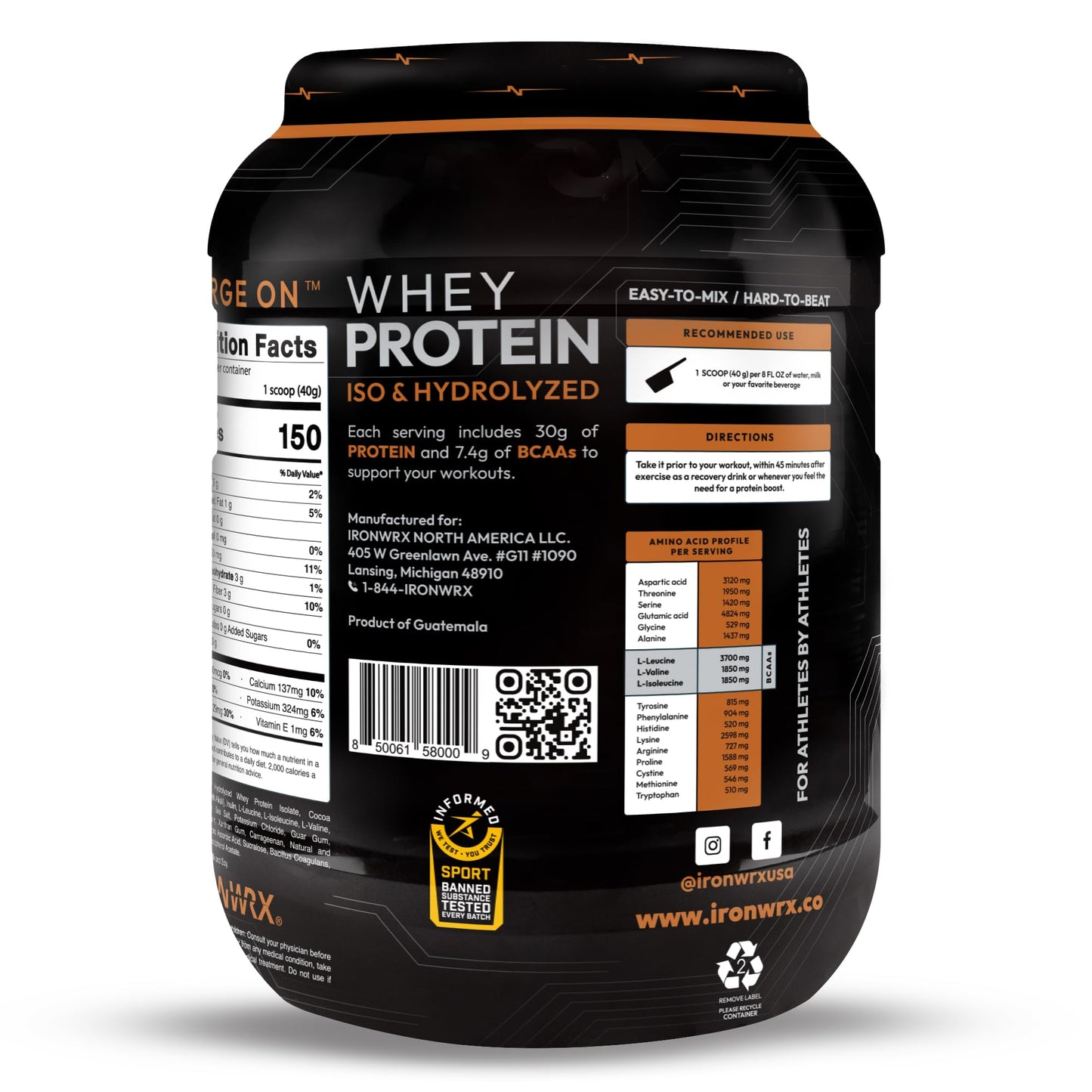 IRONWRX 100% Hydrolyzed Whey Protein Isolate Powder Chocolate 70 Servings
